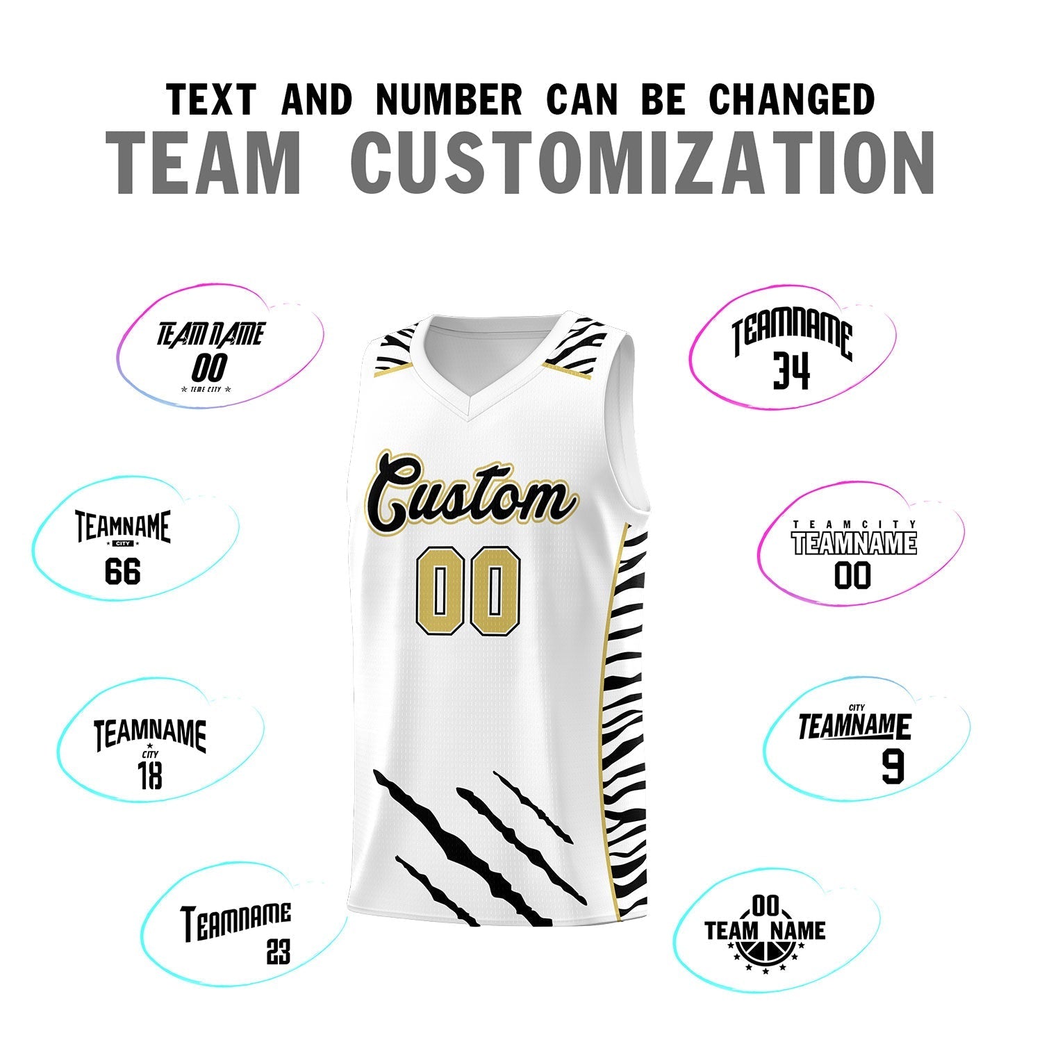 Custom White Personalized Tiger Claw Pattern Sports Uniform Basketball Jersey