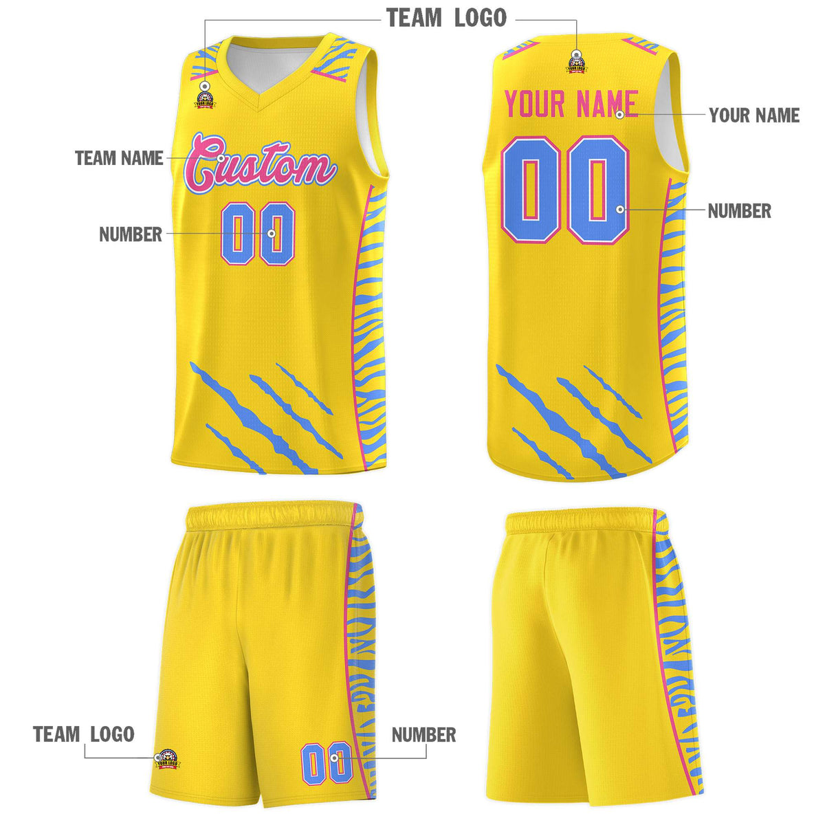 Custom Gold Personalized Tiger Claw Pattern Sports Uniform Basketball Jersey