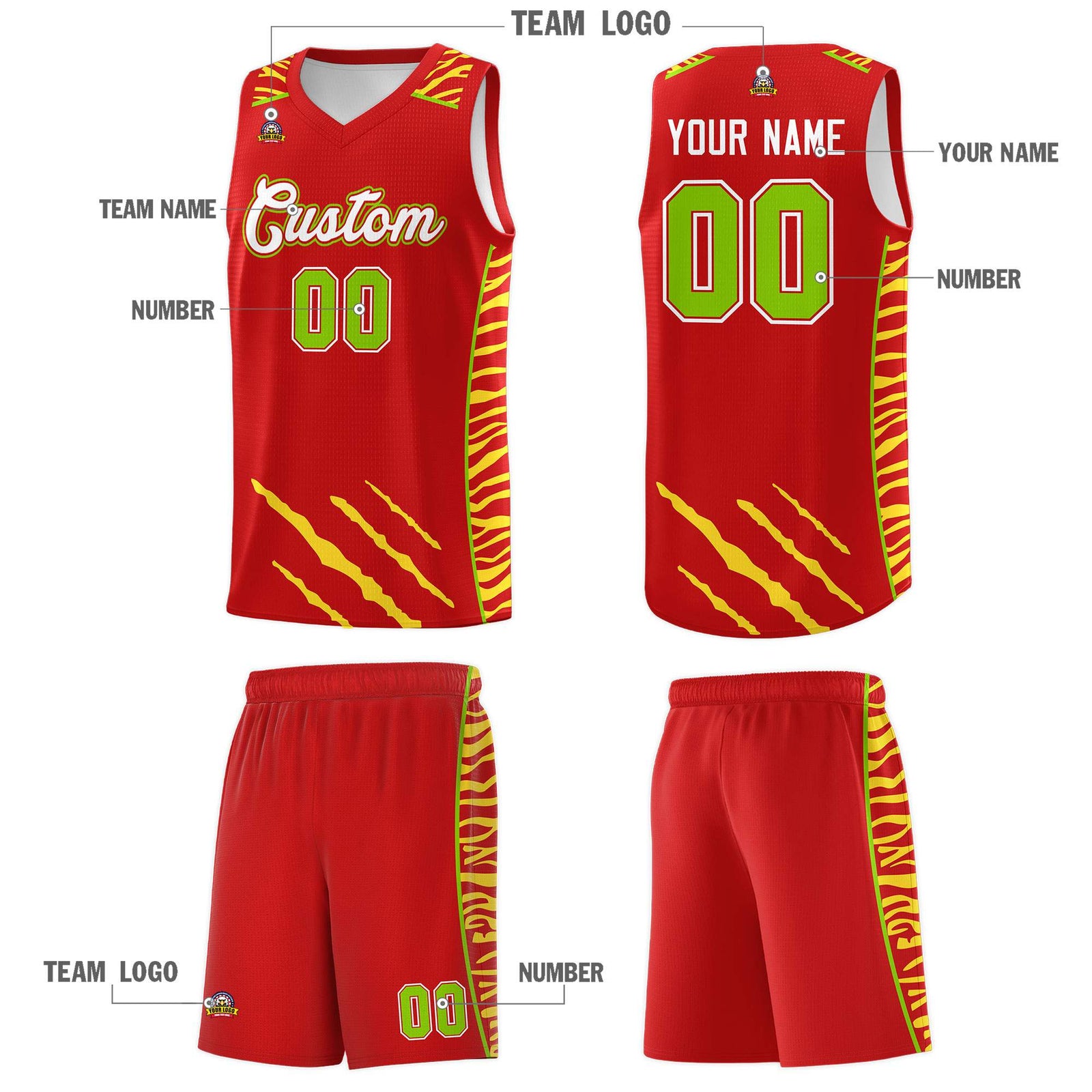 Custom Red Personalized Tiger Claw Pattern Sports Uniform Basketball Jersey