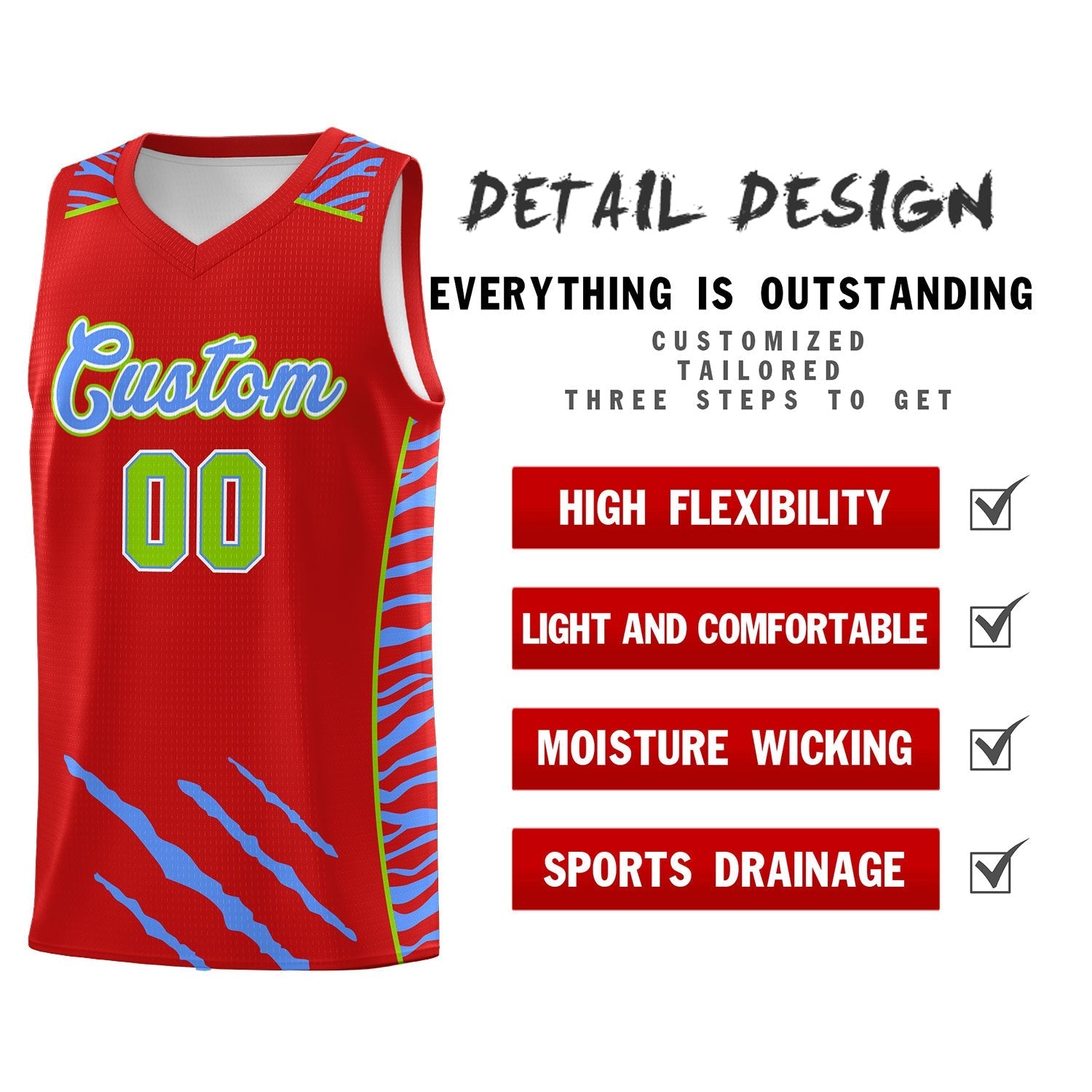 Custom Red Personalized Tiger Claw Pattern Sports Uniform Basketball Jersey