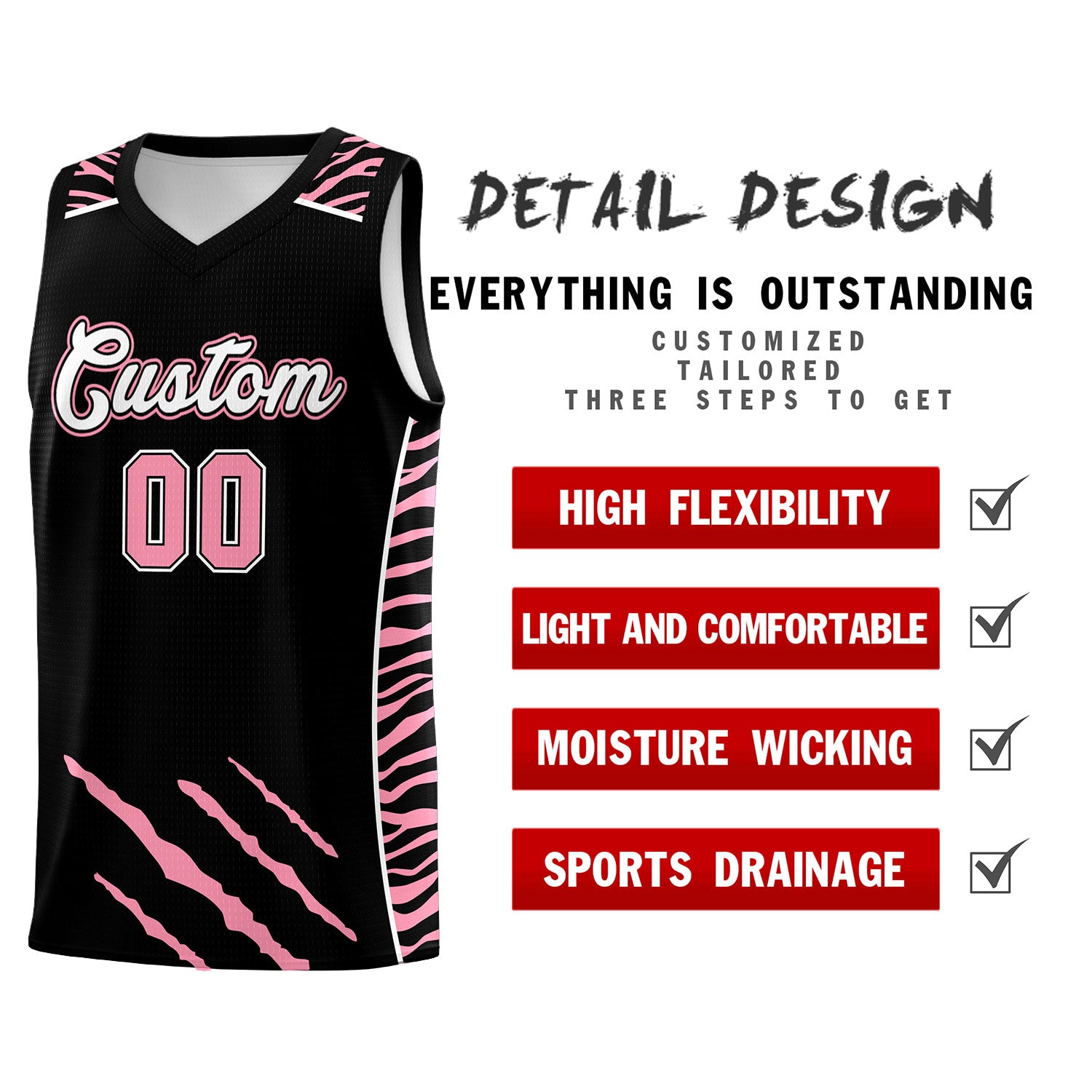 Custom Black Personalized Tiger Claw Pattern Sports Uniform Basketball Jersey