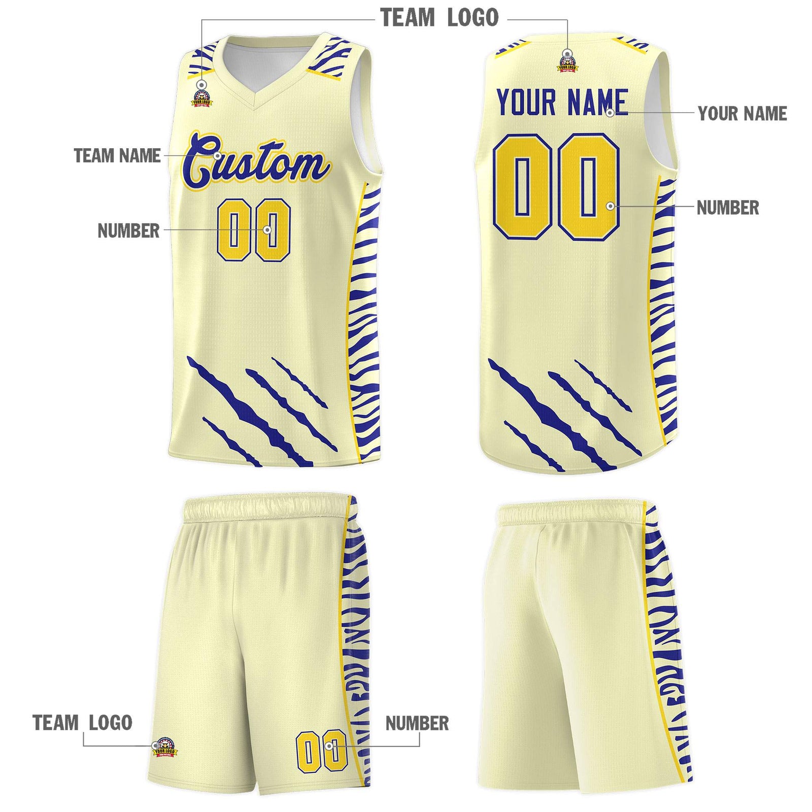 Custom Cream Personalized Tiger Claw Pattern Sports Uniform Basketball Jersey