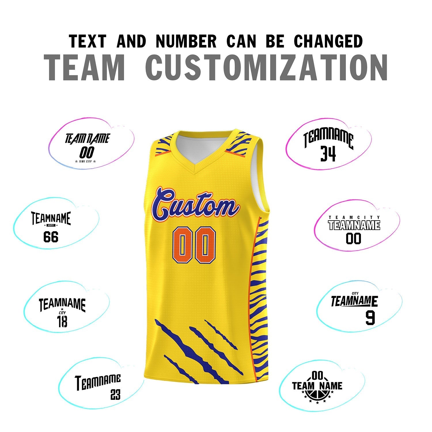 Custom Gold Personalized Tiger Claw Pattern Sports Uniform Basketball Jersey