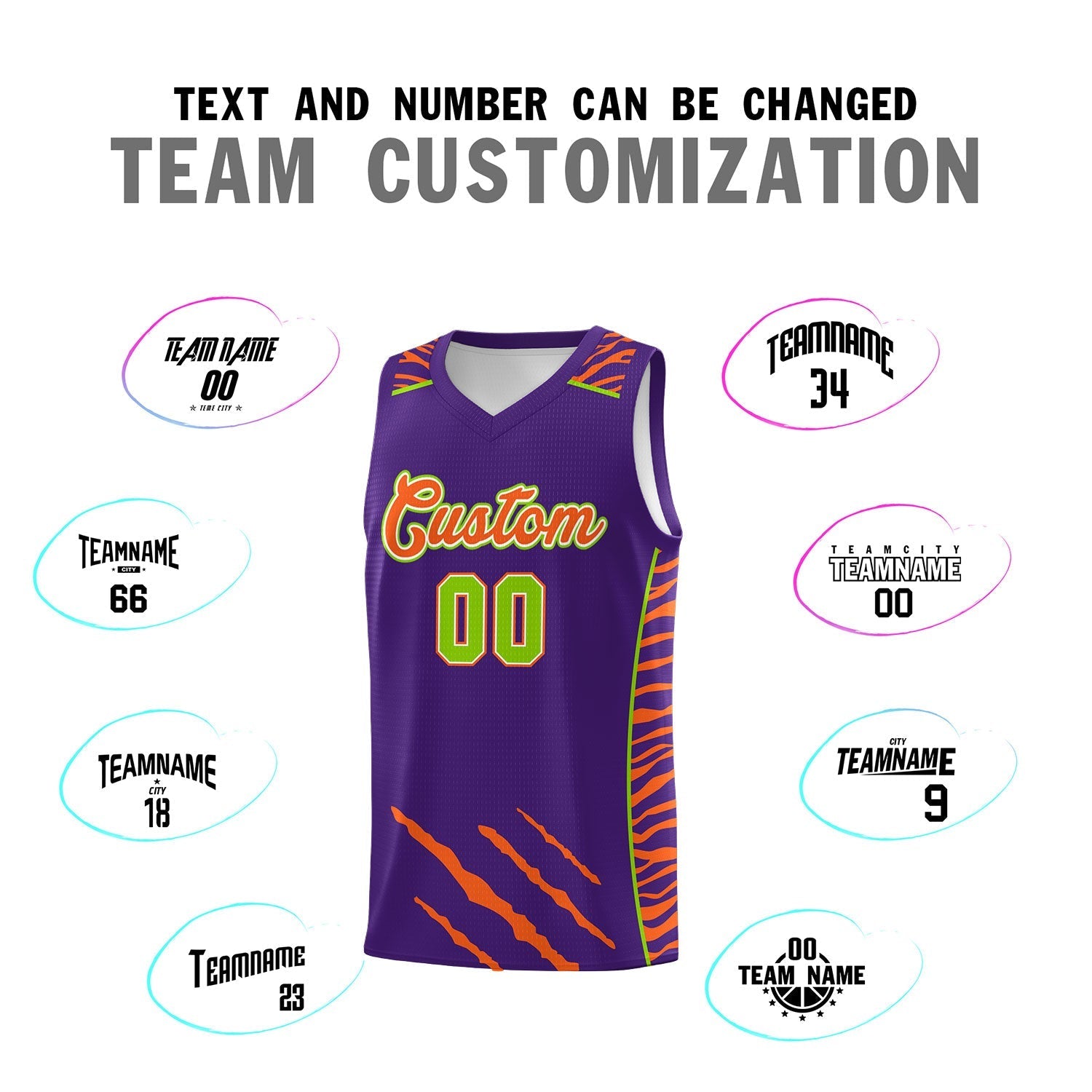Custom Purple Personalized Tiger Claw Pattern Sports Uniform Basketball Jersey