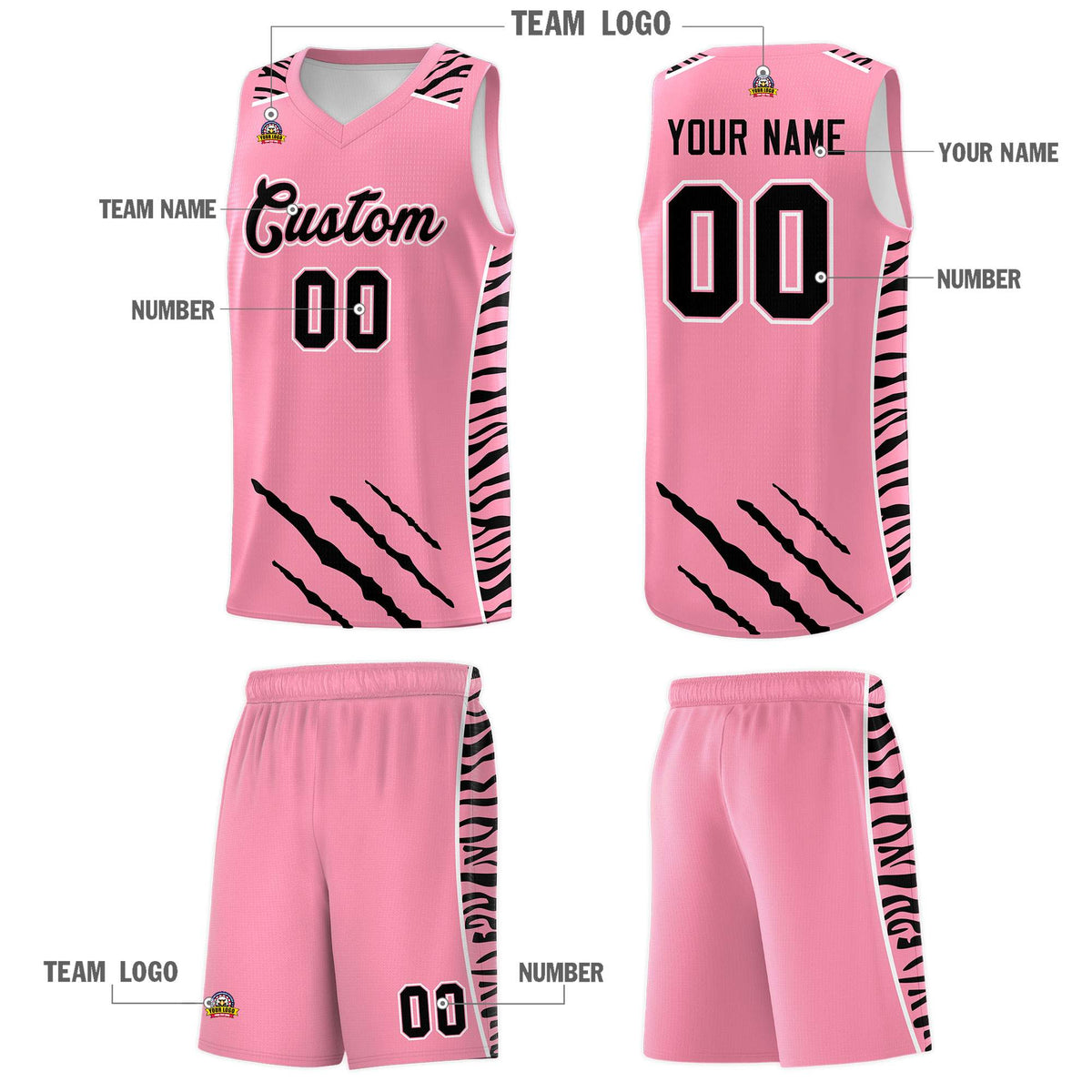 Custom Light Pink Personalized Tiger Claw Pattern Sports Uniform Basketball Jersey