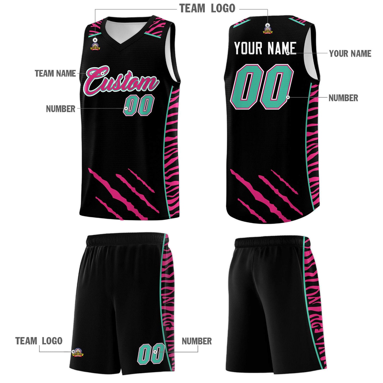Custom Black Personalized Tiger Claw Pattern Sports Uniform Basketball Jersey