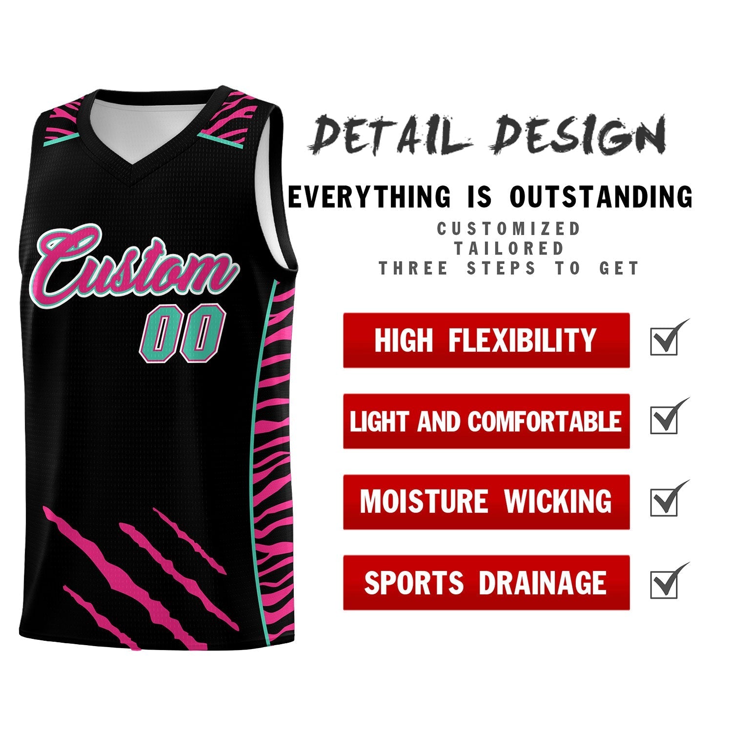Custom Black Personalized Tiger Claw Pattern Sports Uniform Basketball Jersey