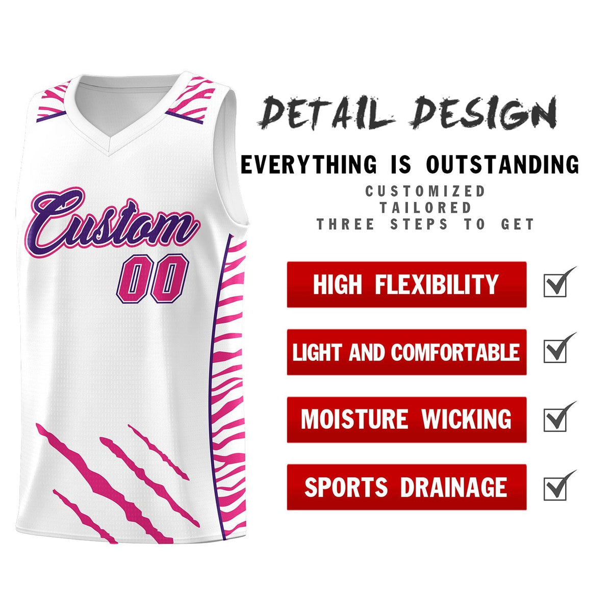 Custom White Personalized Tiger Claw Pattern Sports Uniform Basketball Jersey