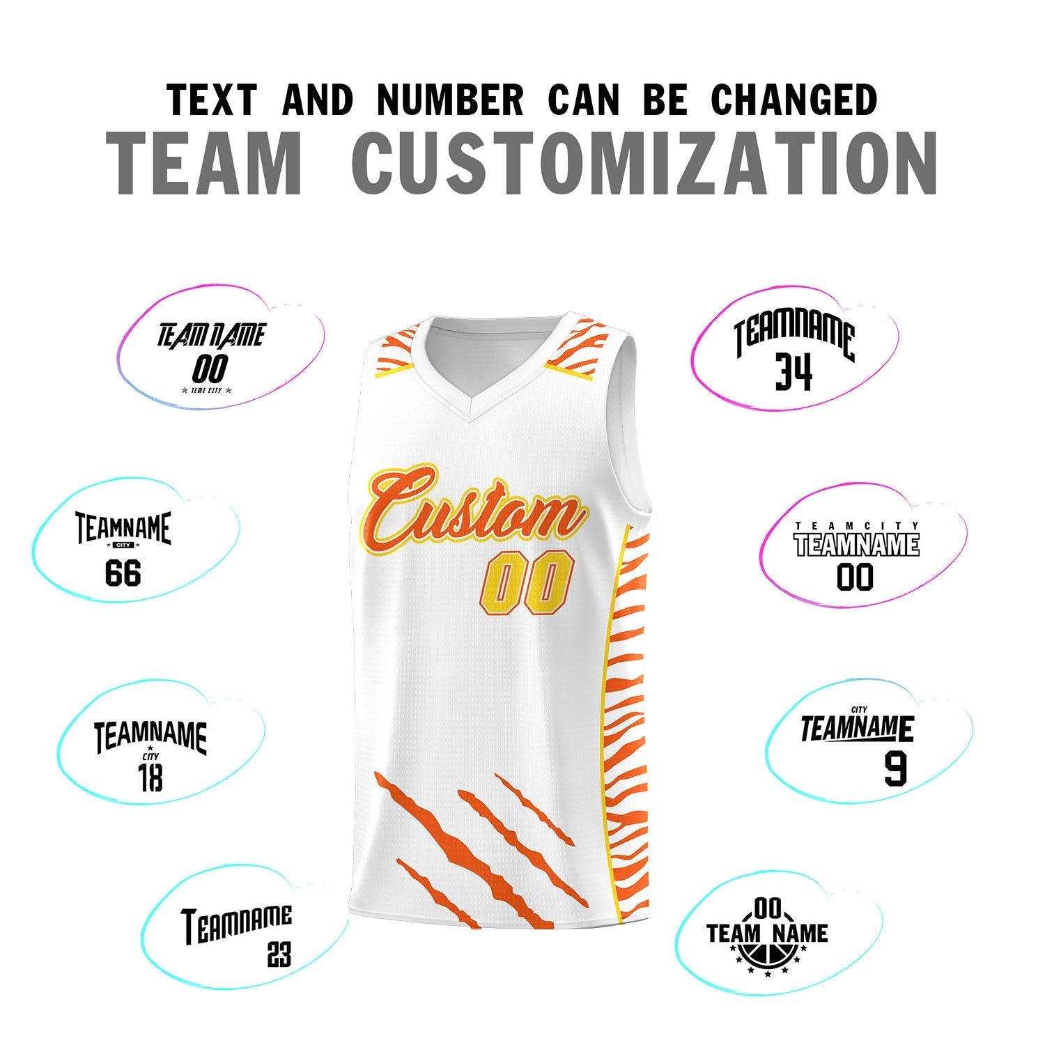 Custom White Personalized Tiger Claw Pattern Sports Uniform Basketball Jersey