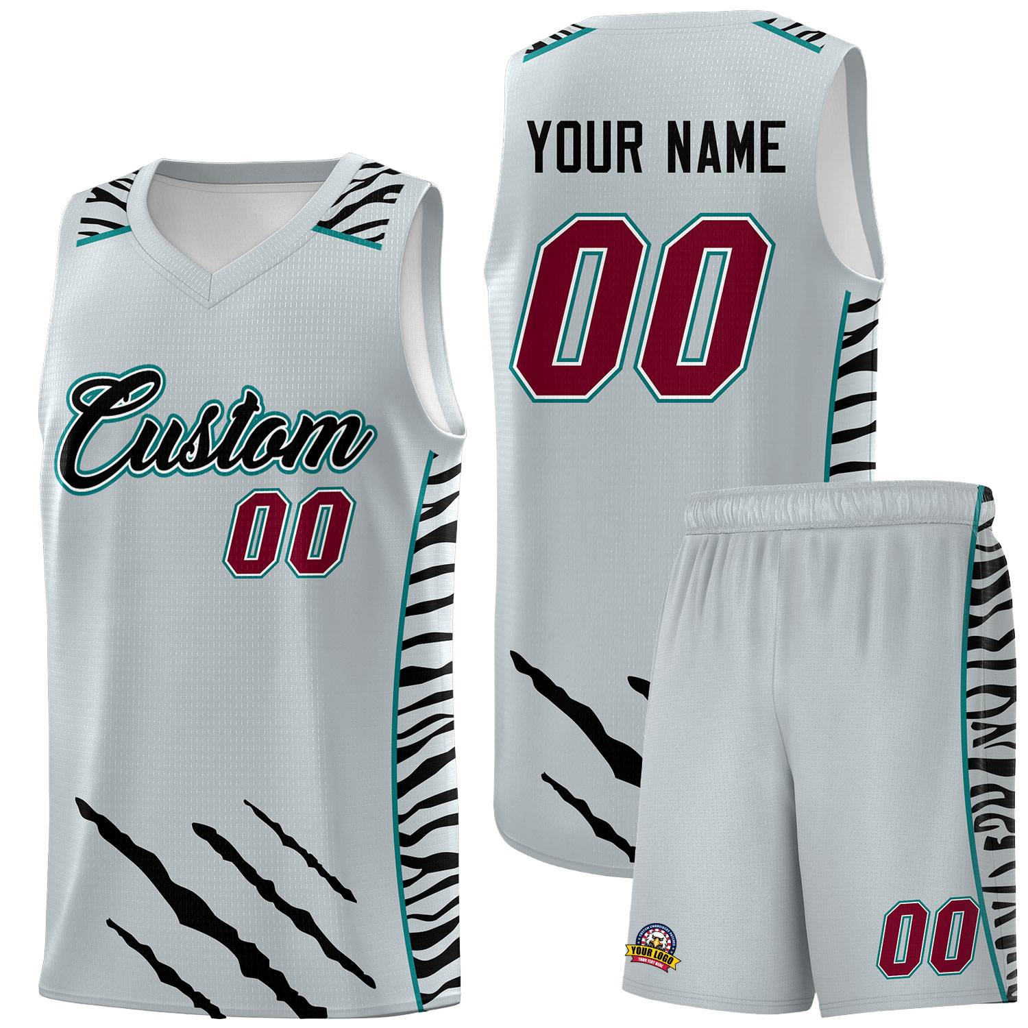 Custom Silver Personalized Tiger Claw Pattern Sports Uniform Basketball Jersey