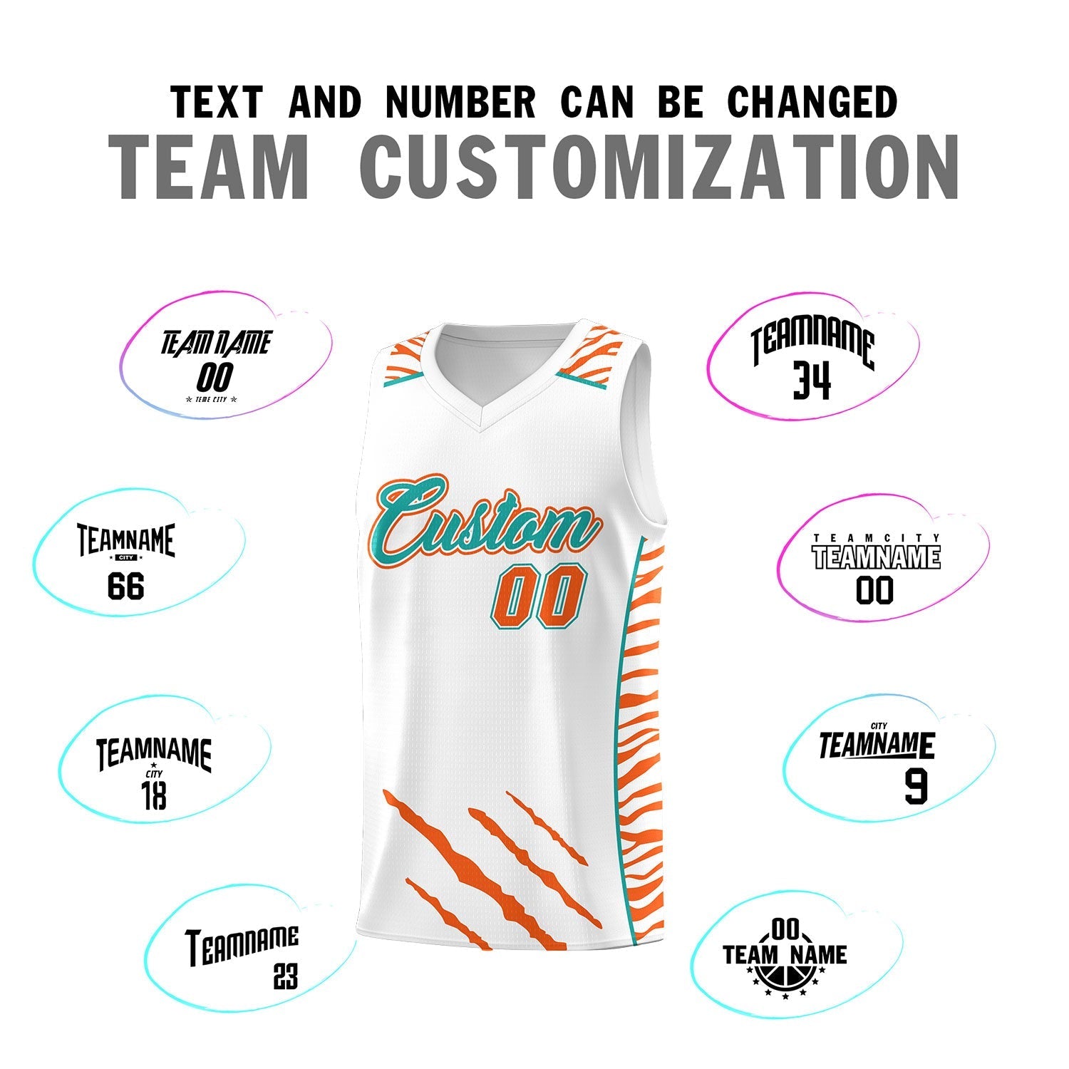 Custom White Personalized Tiger Claw Pattern Sports Uniform Basketball Jersey
