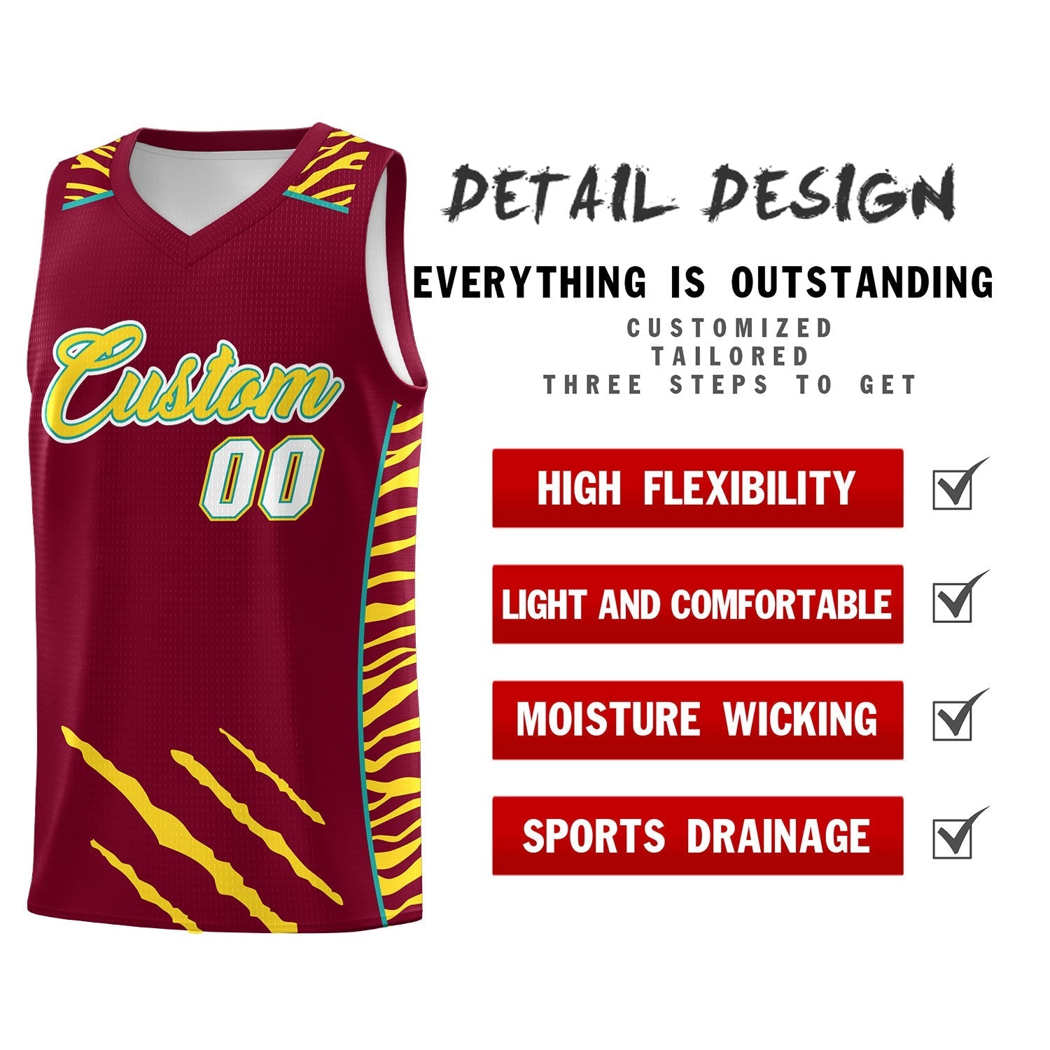 Custom Crimson Personalized Tiger Claw Pattern Sports Uniform Basketball Jersey
