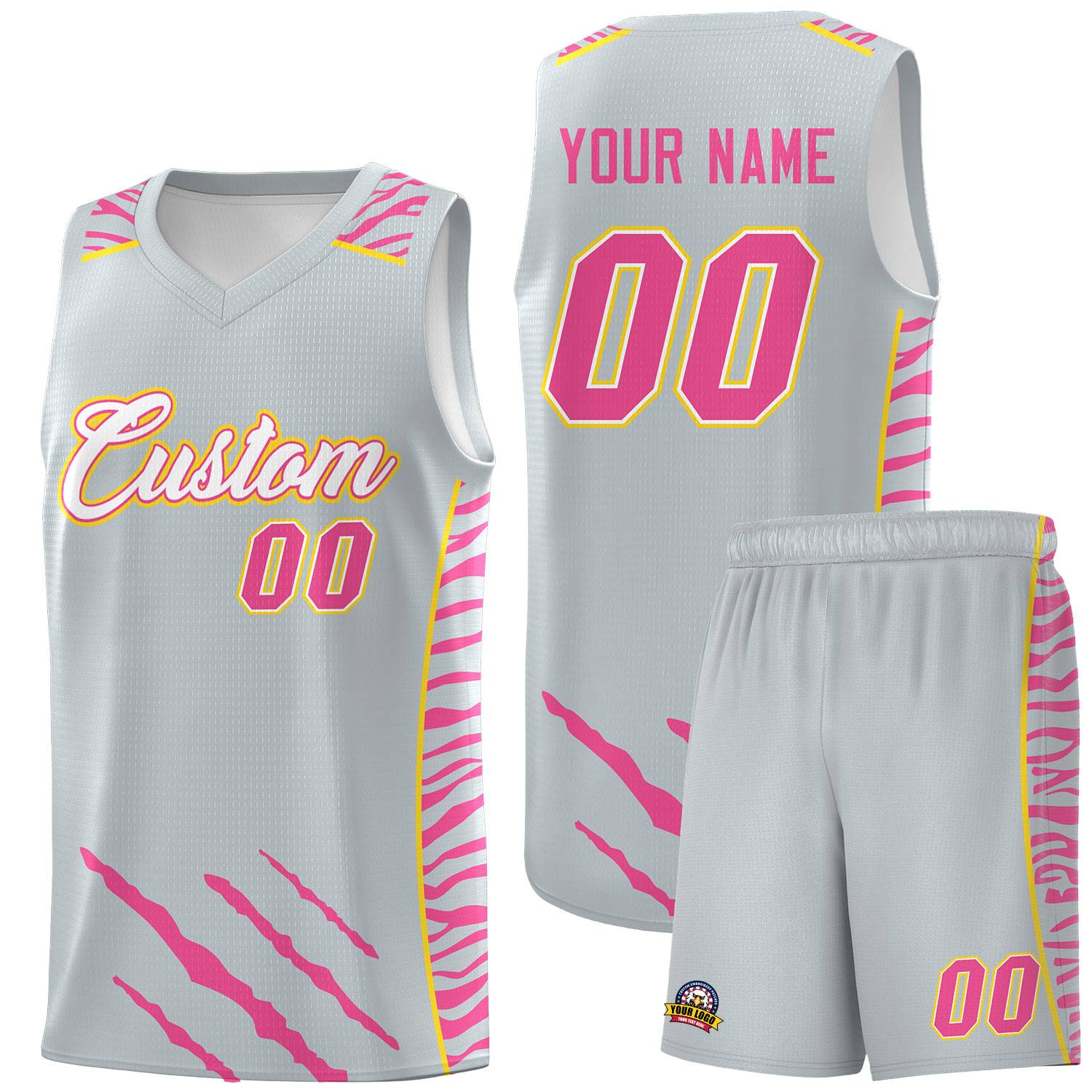 Custom Silver Personalized Tiger Claw Pattern Sports Uniform Basketball Jersey