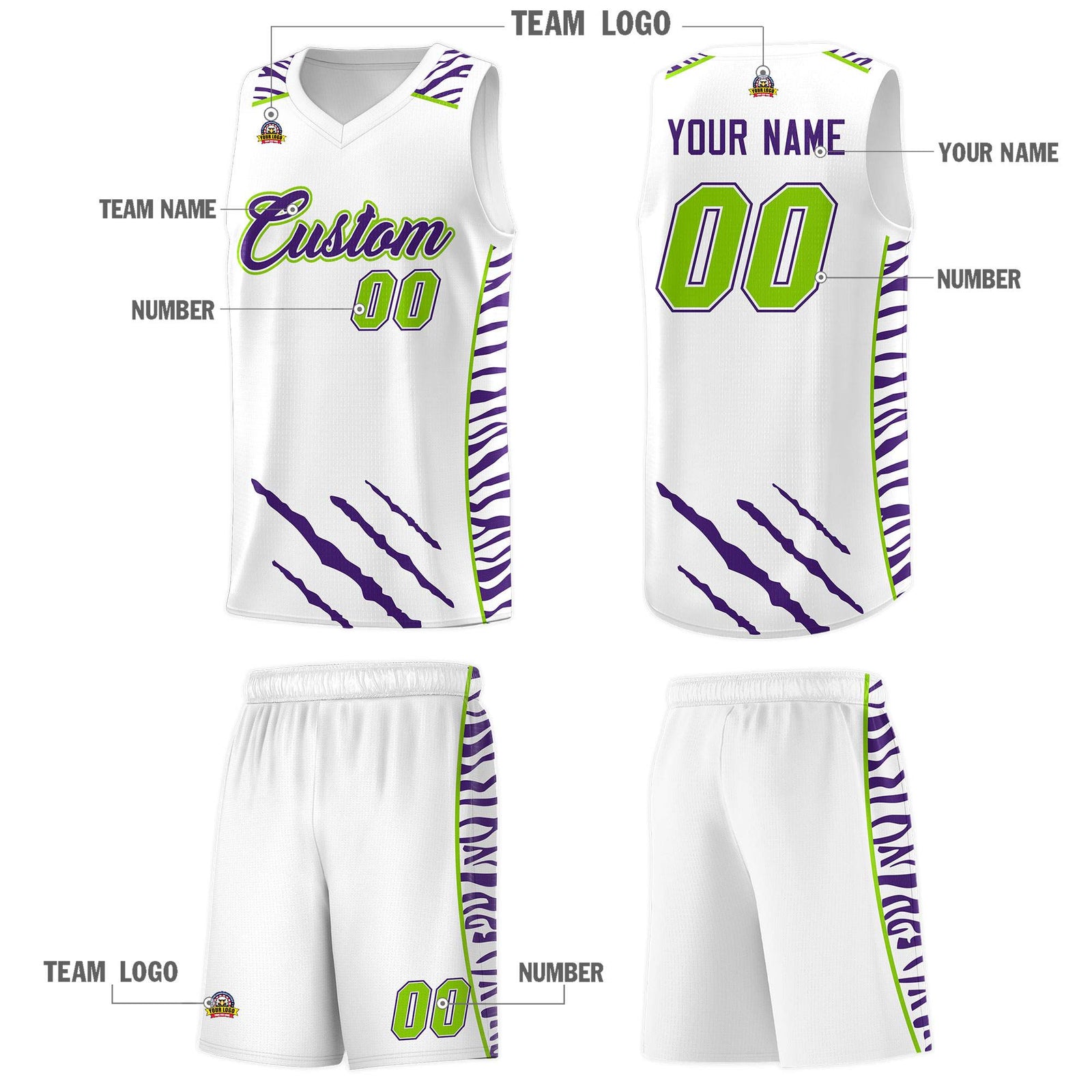 Custom White Personalized Tiger Claw Pattern Sports Uniform Basketball Jersey