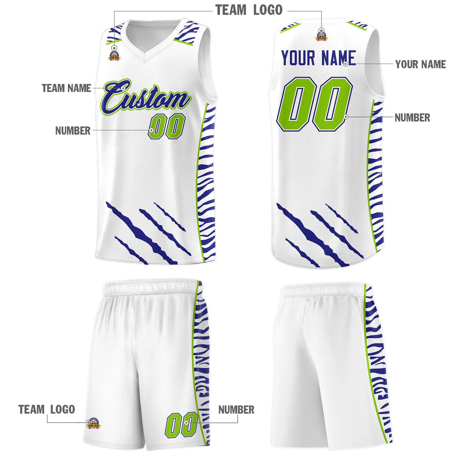 Custom White Personalized Tiger Claw Pattern Sports Uniform Basketball Jersey