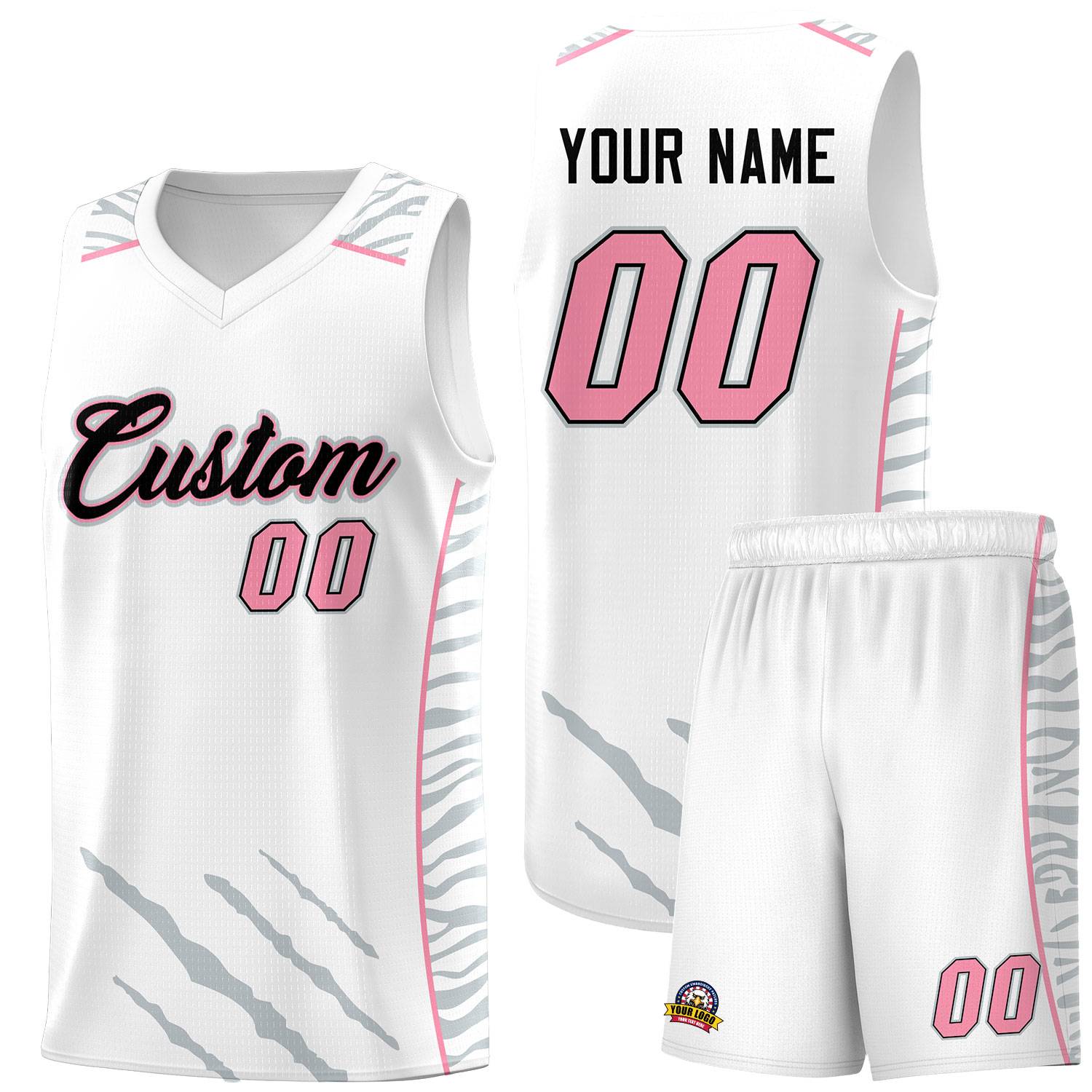 Custom White Personalized Tiger Claw Pattern Sports Uniform Basketball Jersey