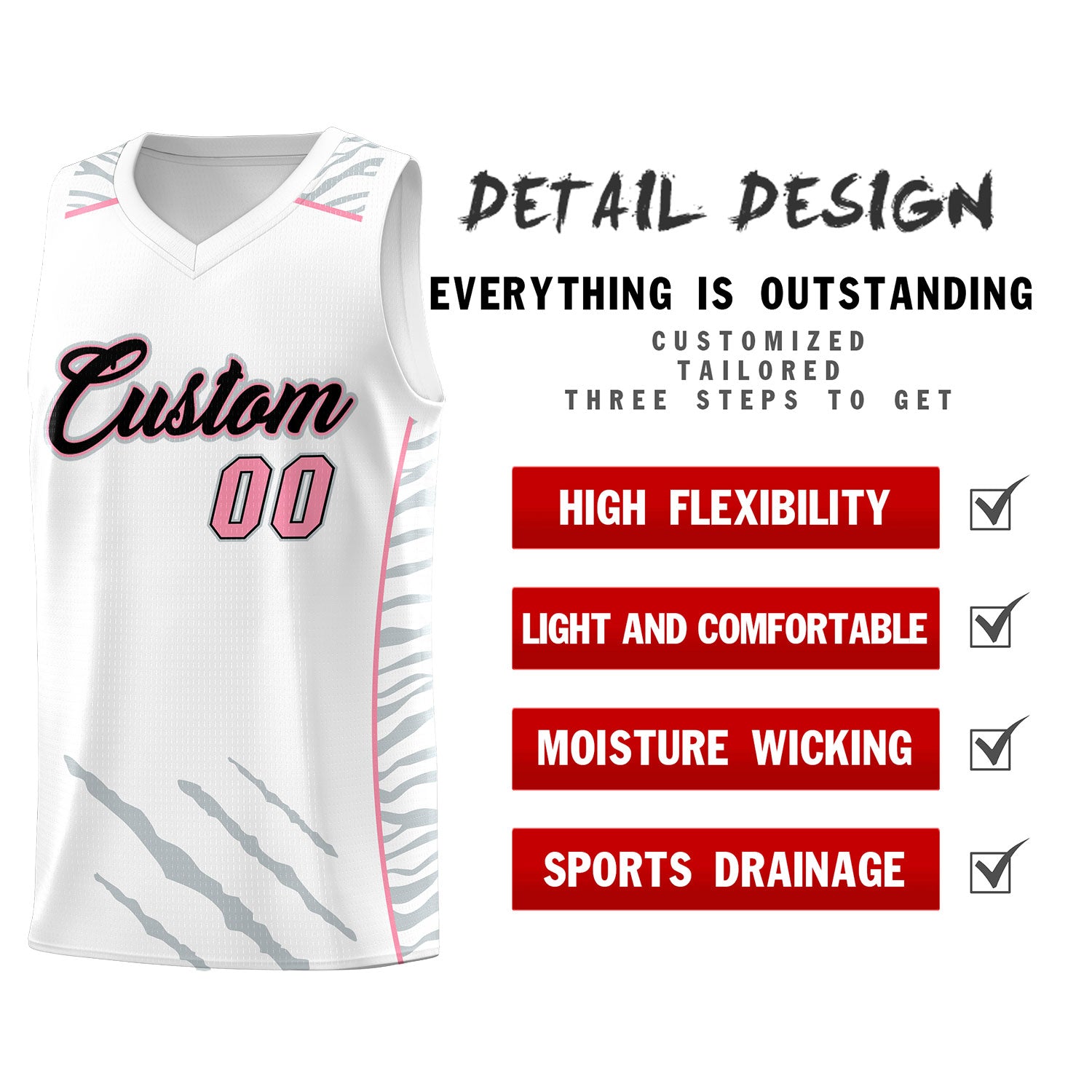 Custom White Personalized Tiger Claw Pattern Sports Uniform Basketball Jersey