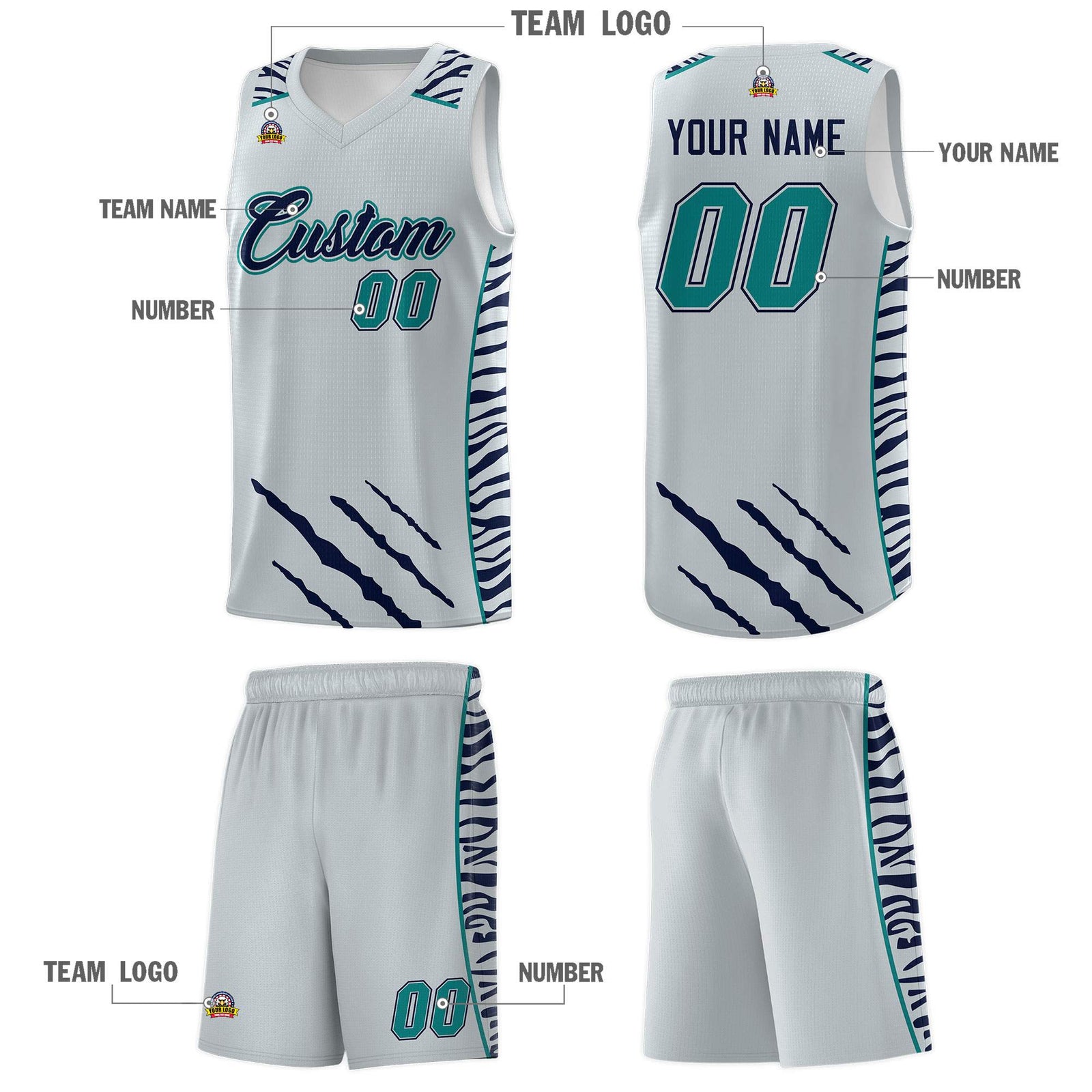 Custom Silver Personalized Tiger Claw Pattern Sports Uniform Basketball Jersey
