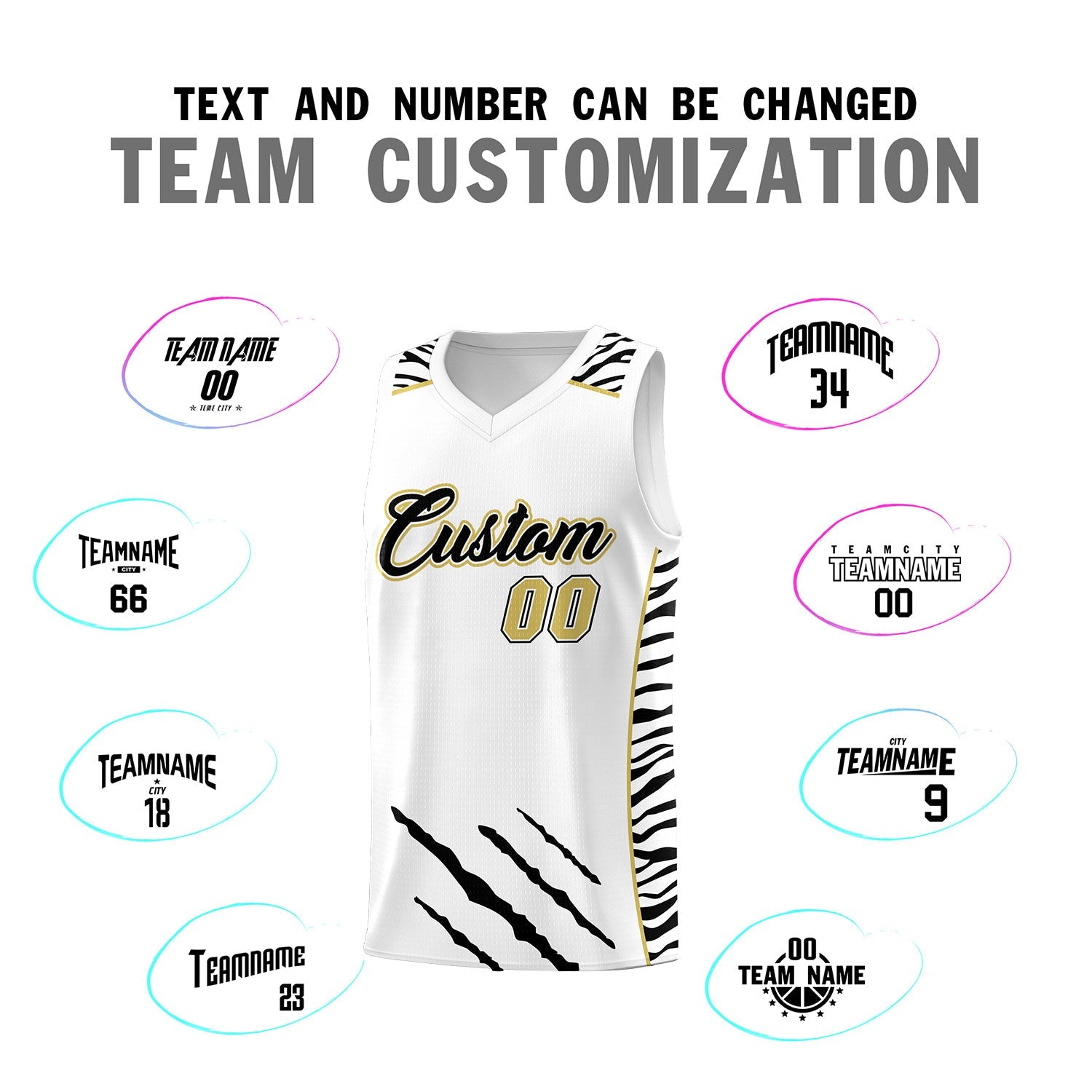 Custom White Personalized Tiger Claw Pattern Sports Uniform Basketball Jersey