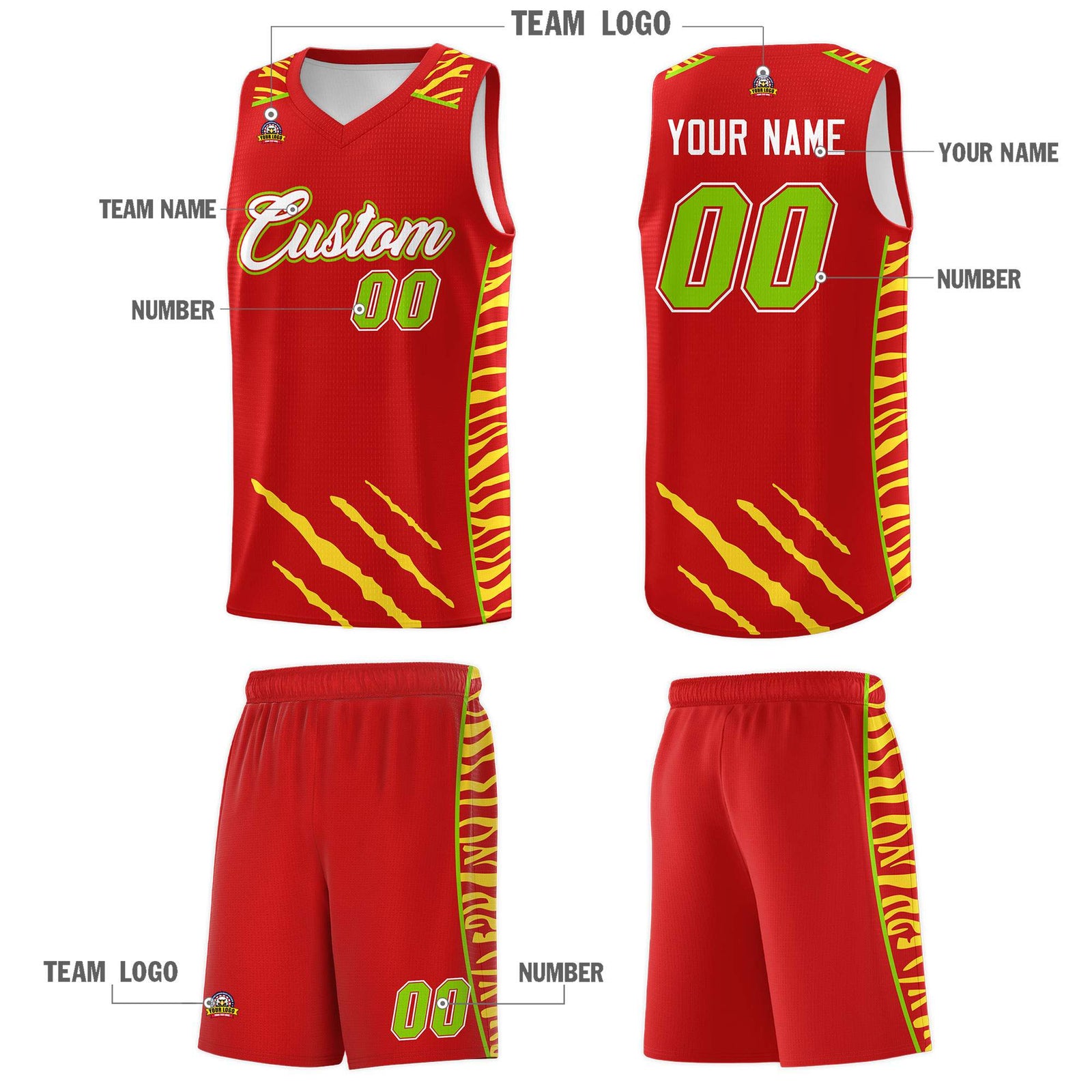 Custom Red Personalized Tiger Claw Pattern Sports Uniform Basketball Jersey