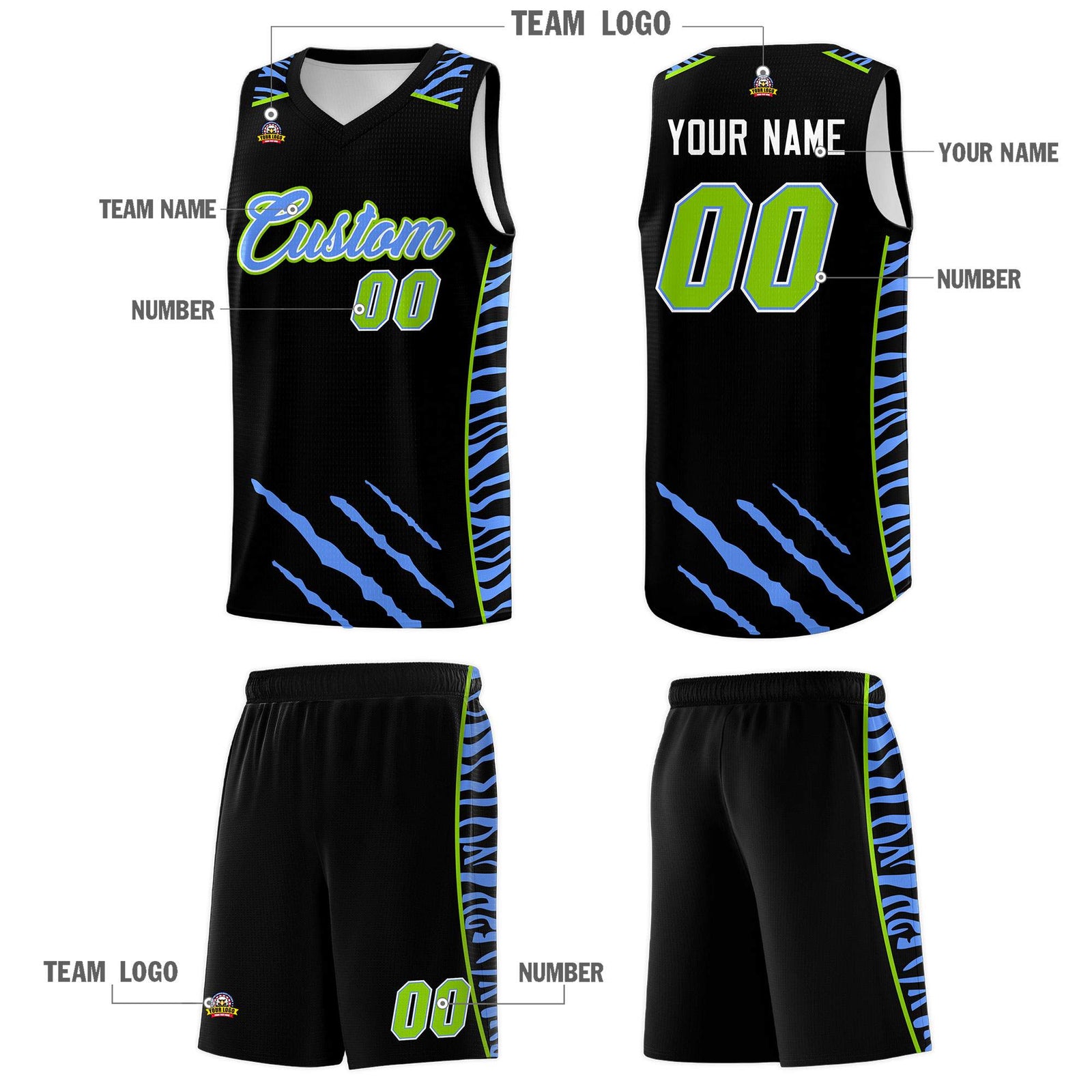 Custom Black Personalized Tiger Claw Pattern Sports Uniform Basketball Jersey