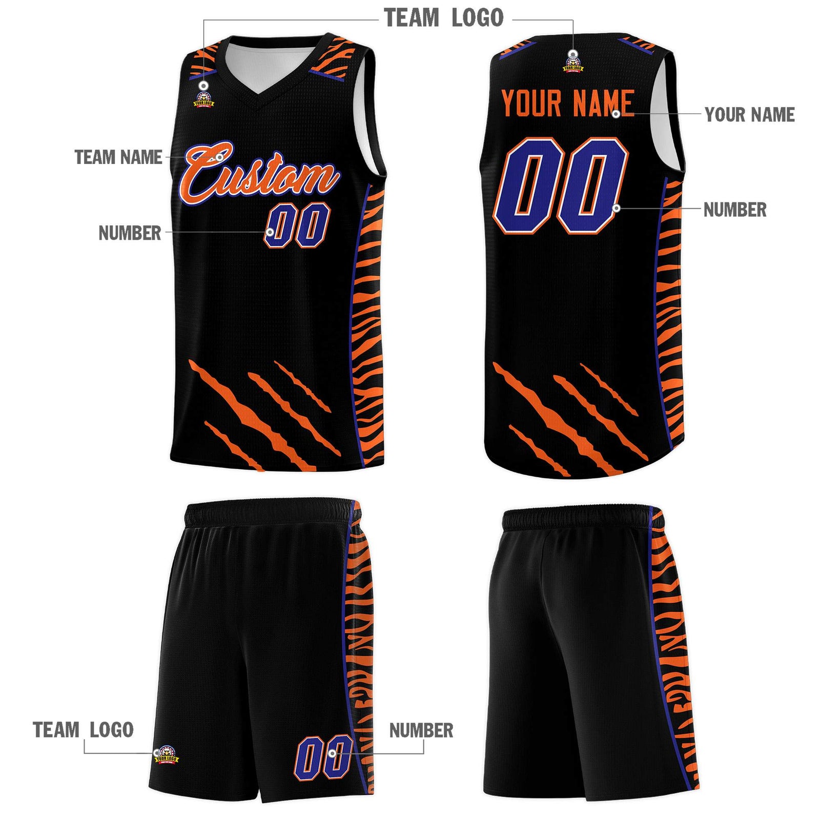 Custom Black Personalized Tiger Claw Pattern Sports Uniform Basketball Jersey