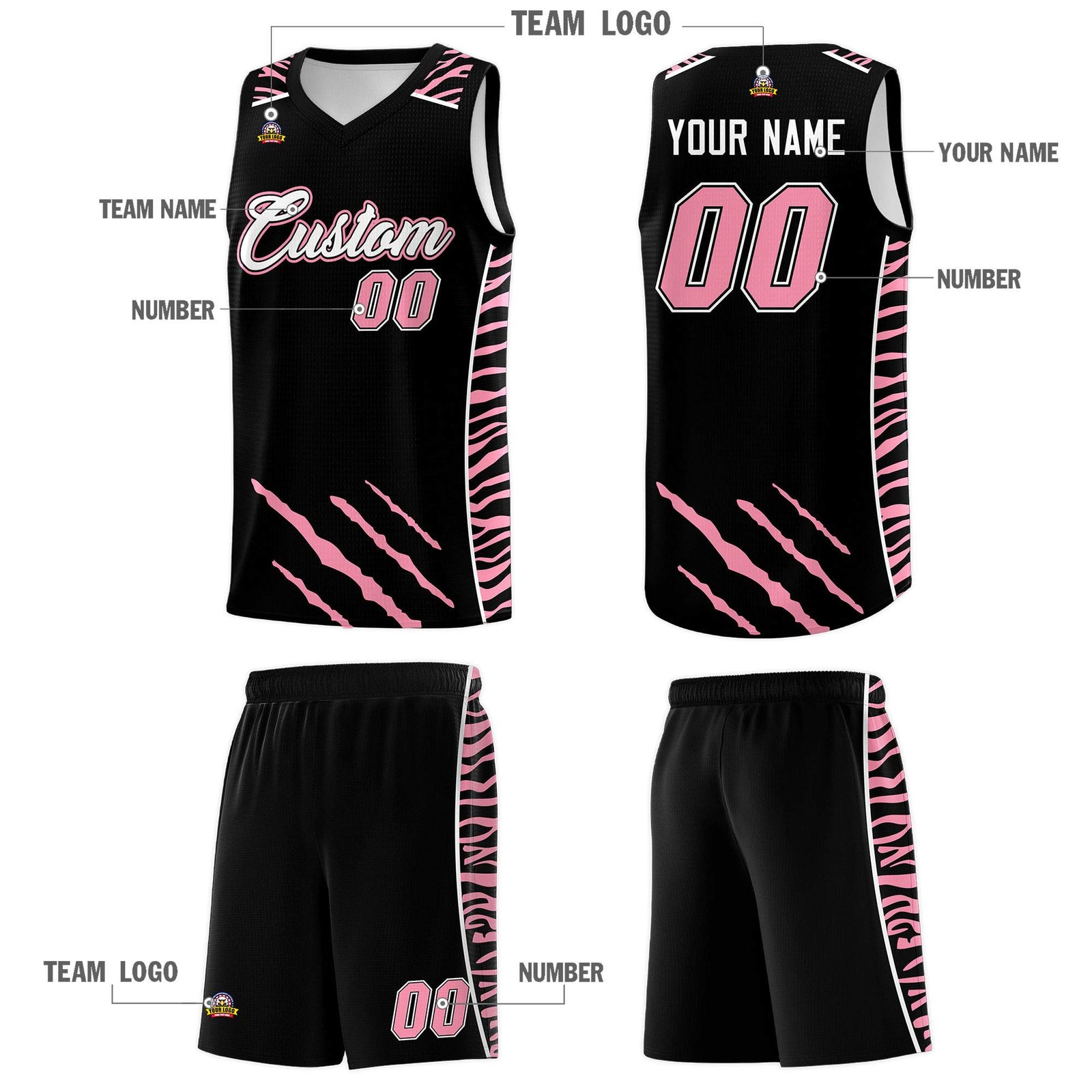 Custom Black Personalized Tiger Claw Pattern Sports Uniform Basketball Jersey