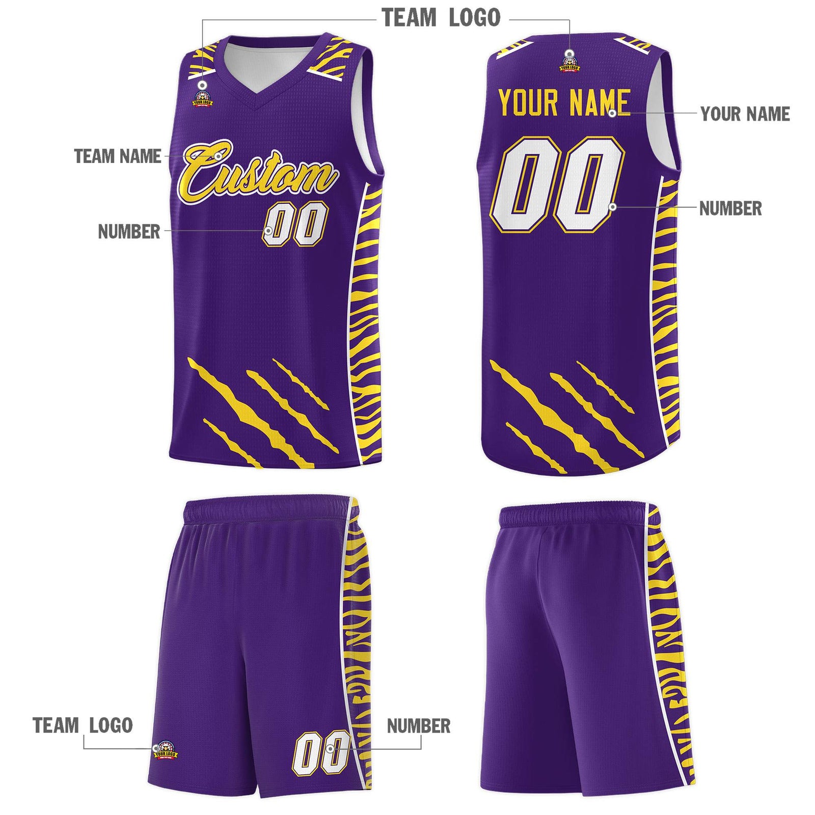 Custom Purple Personalized Tiger Claw Pattern Sports Uniform Basketball Jersey