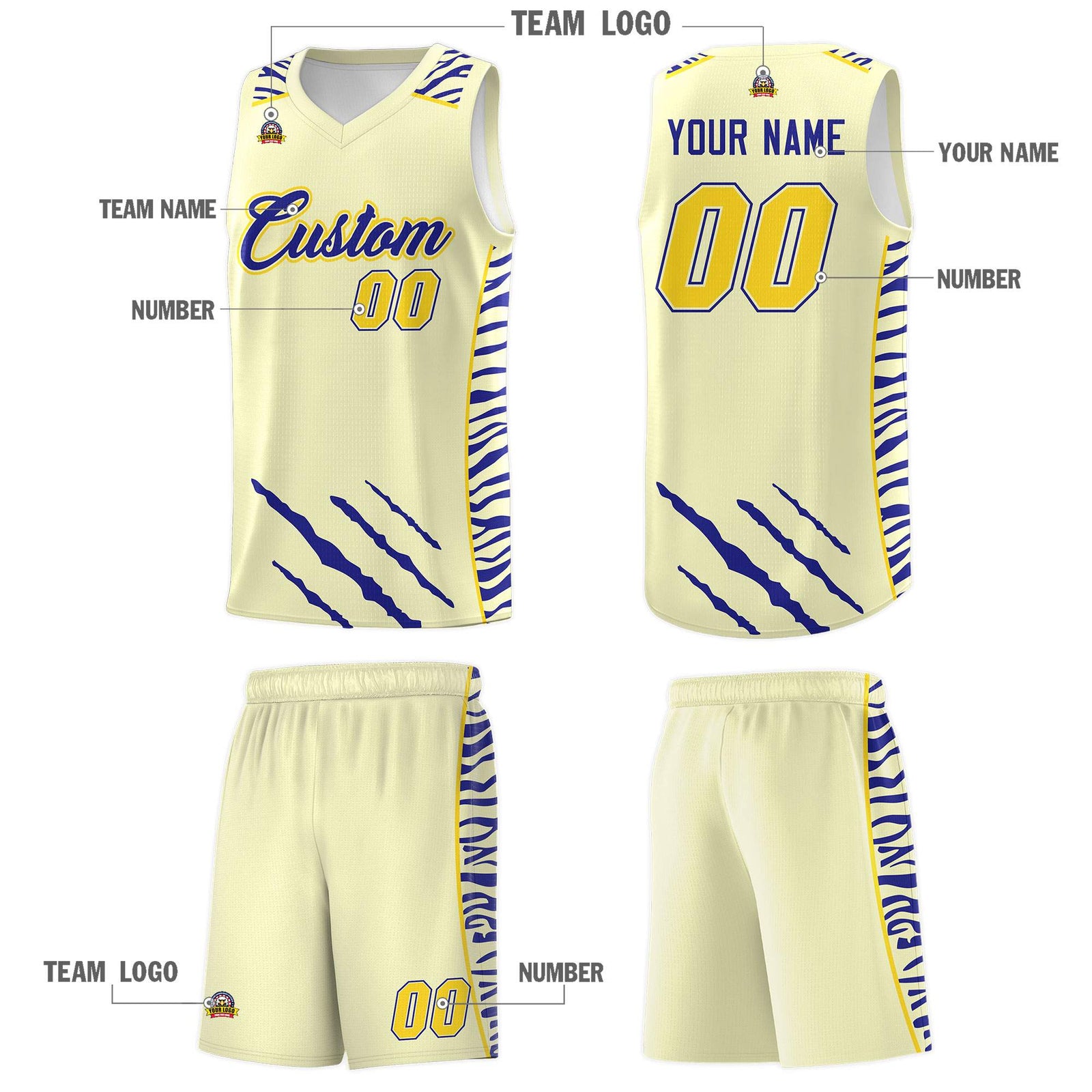 Custom Cream Personalized Tiger Claw Pattern Sports Uniform Basketball Jersey