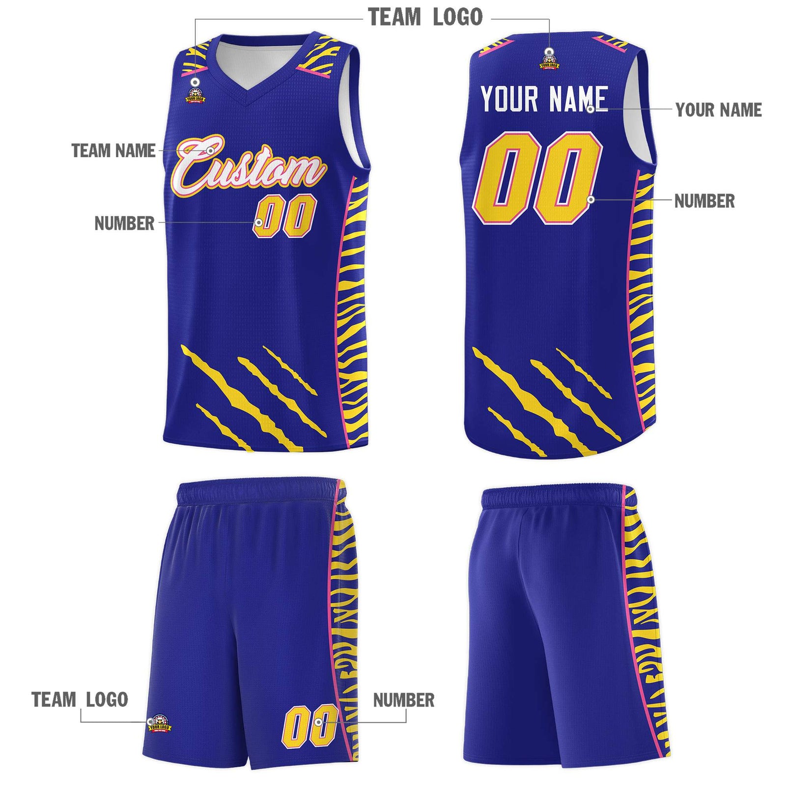 Custom Royal Personalized Tiger Claw Pattern Sports Uniform Basketball Jersey