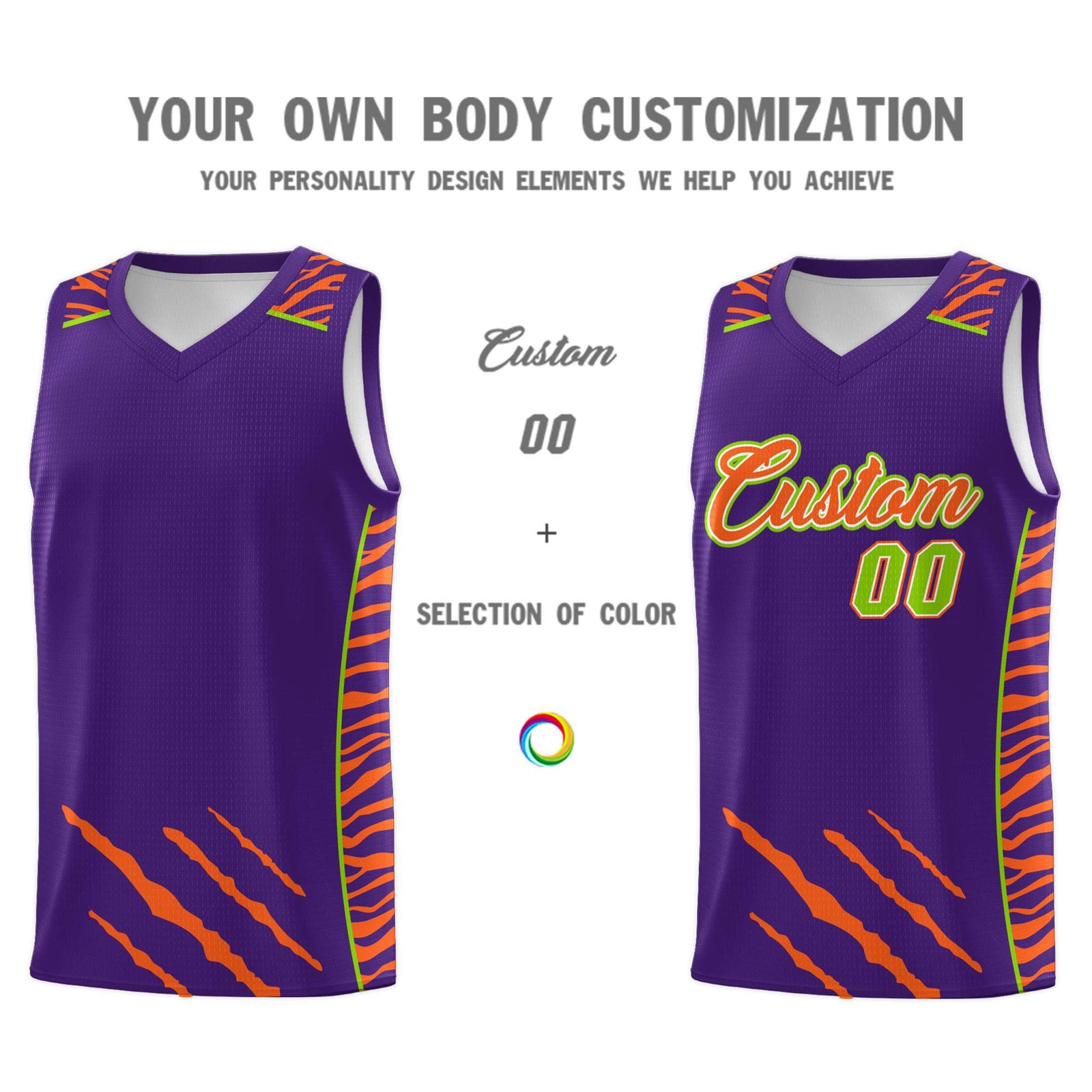 Custom Purple Personalized Tiger Claw Pattern Sports Uniform Basketball Jersey
