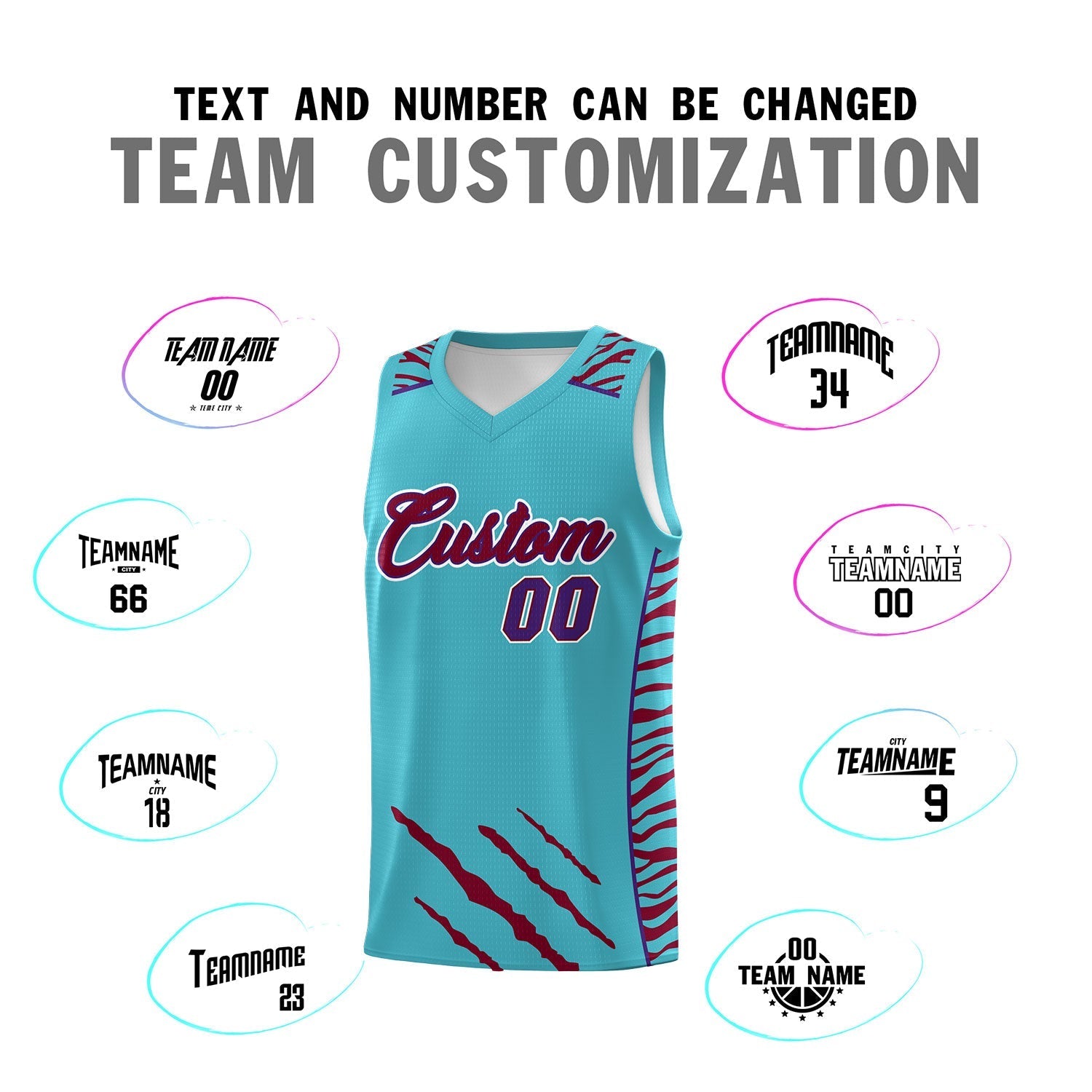 Custom Sky Blue Personalized Tiger Claw Pattern Sports Uniform Basketball Jersey