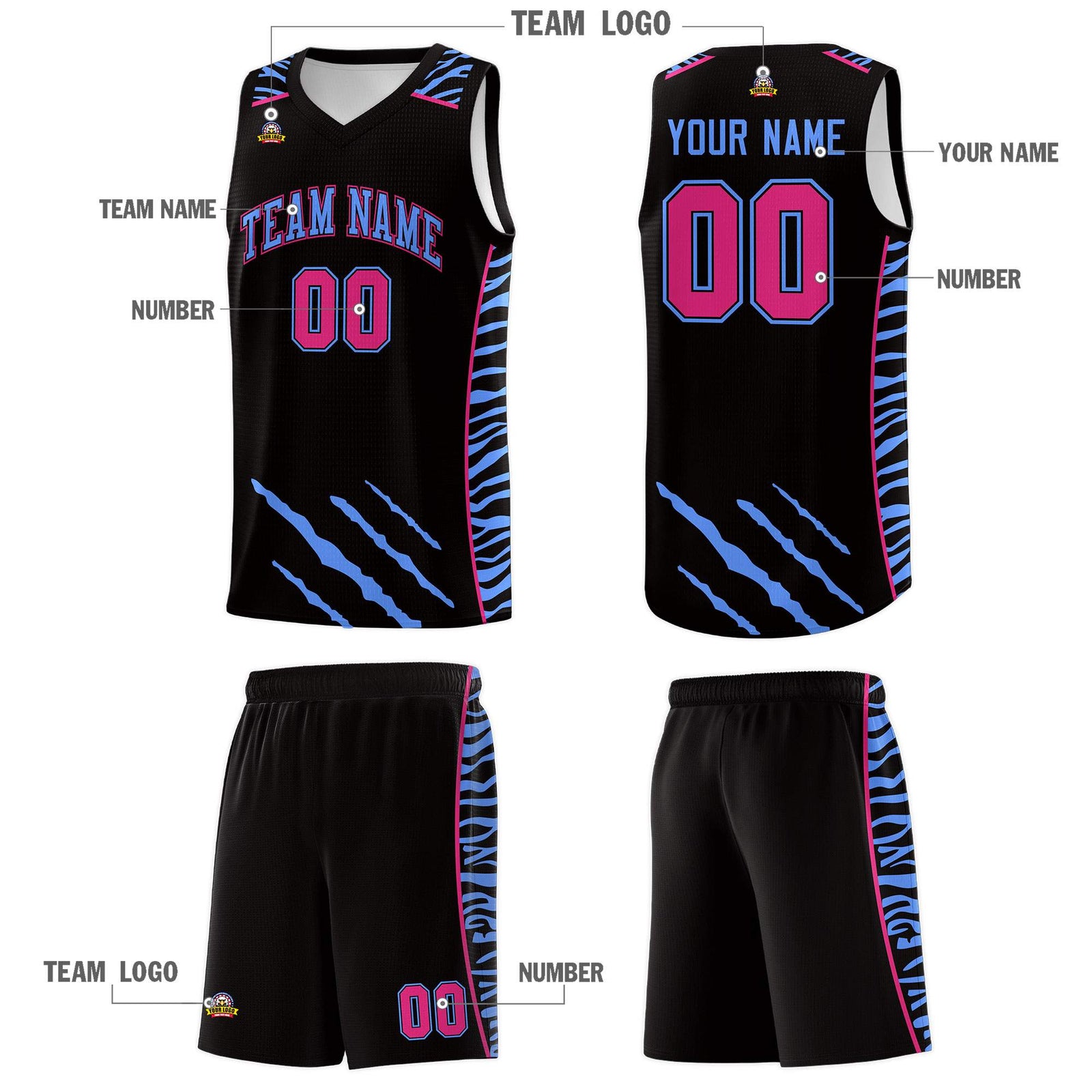 Custom Black Personalized Tiger Claw Pattern Sports Uniform Basketball Jersey
