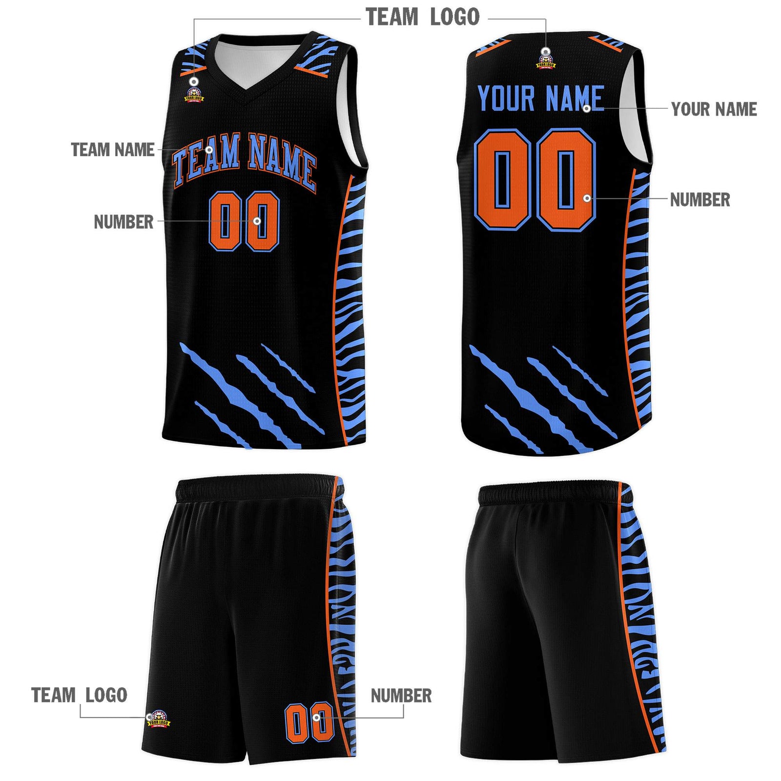 Custom Black Personalized Tiger Claw Pattern Sports Uniform Basketball Jersey