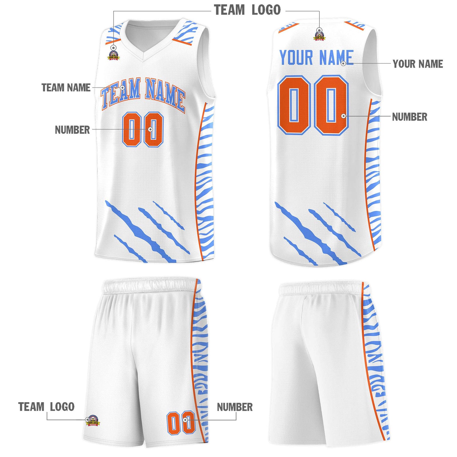 Custom White Personalized Tiger Claw Pattern Sports Uniform Basketball Jersey