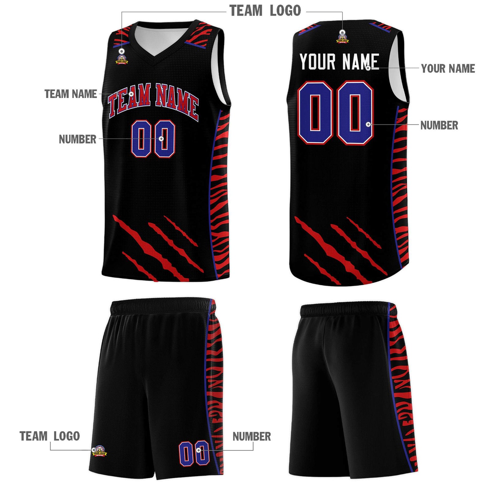 Custom Black Personalized Tiger Claw Pattern Sports Uniform Basketball Jersey