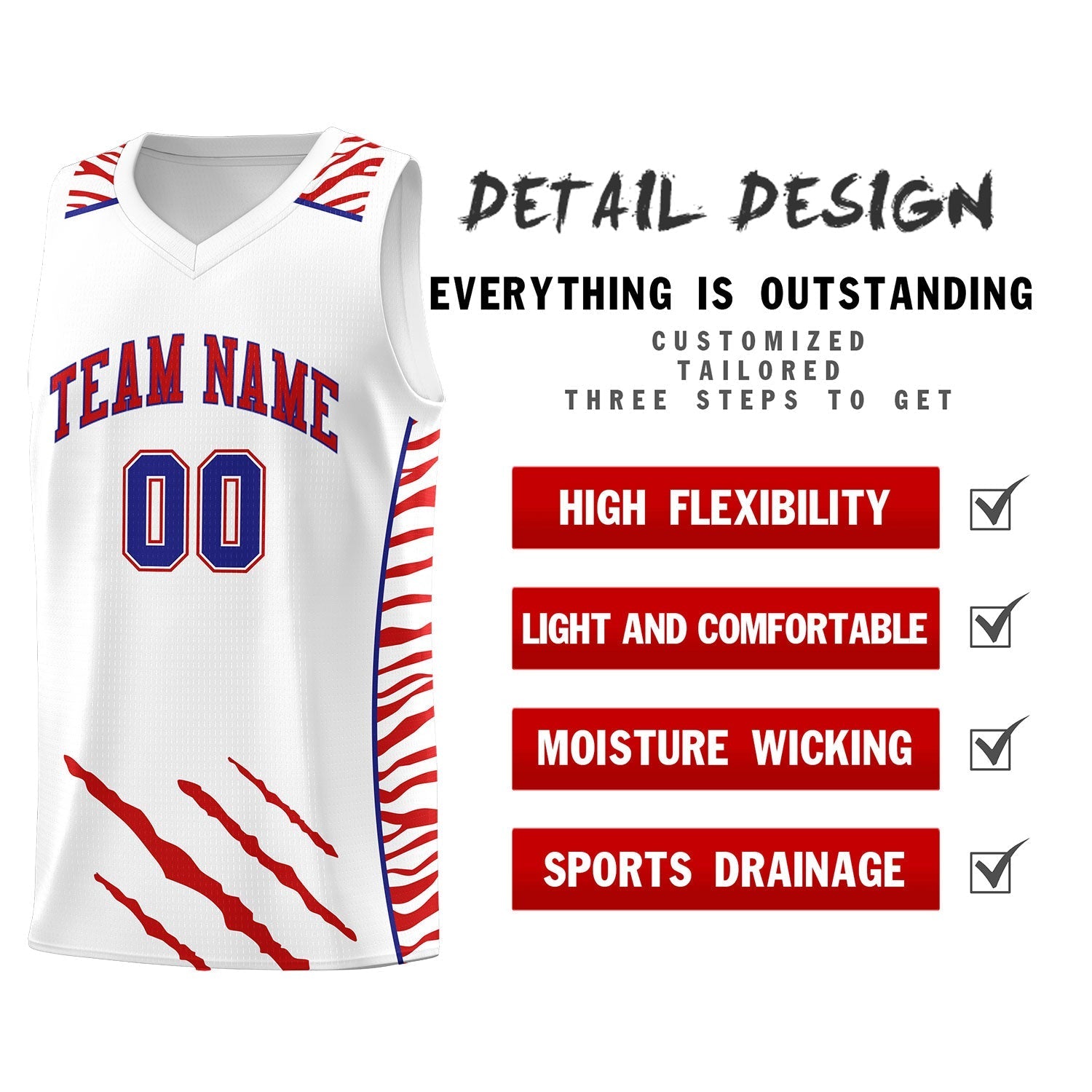 Custom White Personalized Tiger Claw Pattern Sports Uniform Basketball Jersey