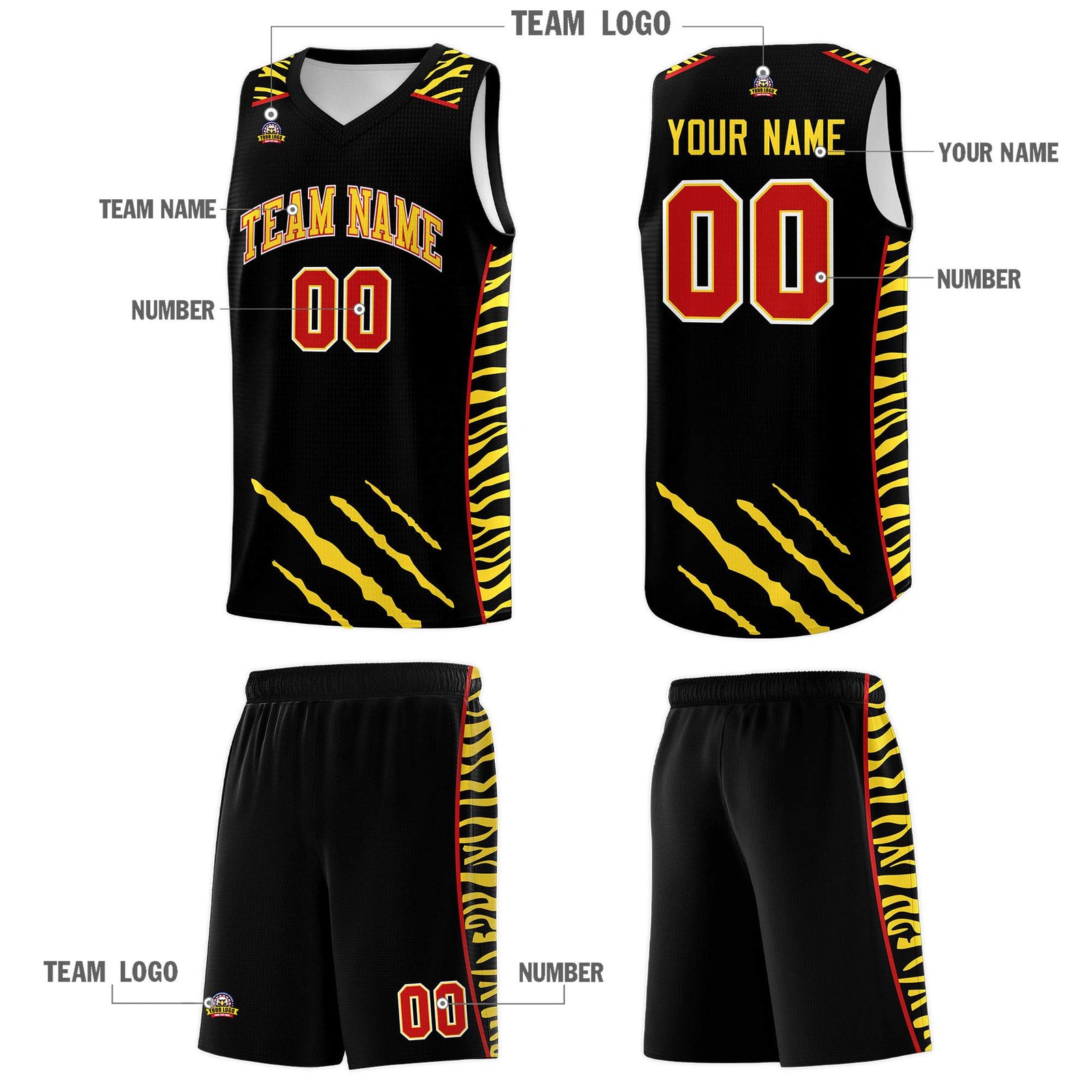 Custom Black Personalized Tiger Claw Pattern Sports Uniform Basketball Jersey