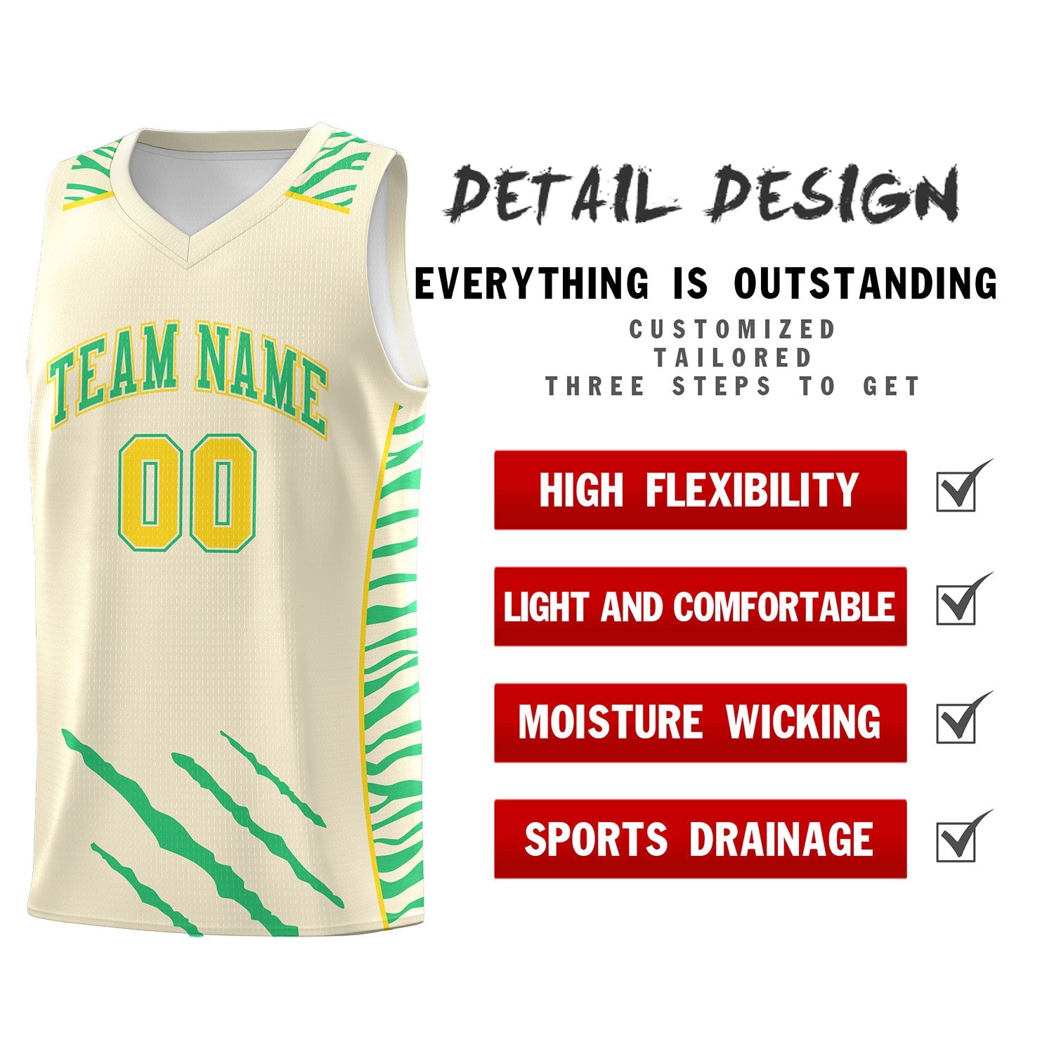 Custom Cream Personalized Tiger Claw Pattern Sports Uniform Basketball Jersey