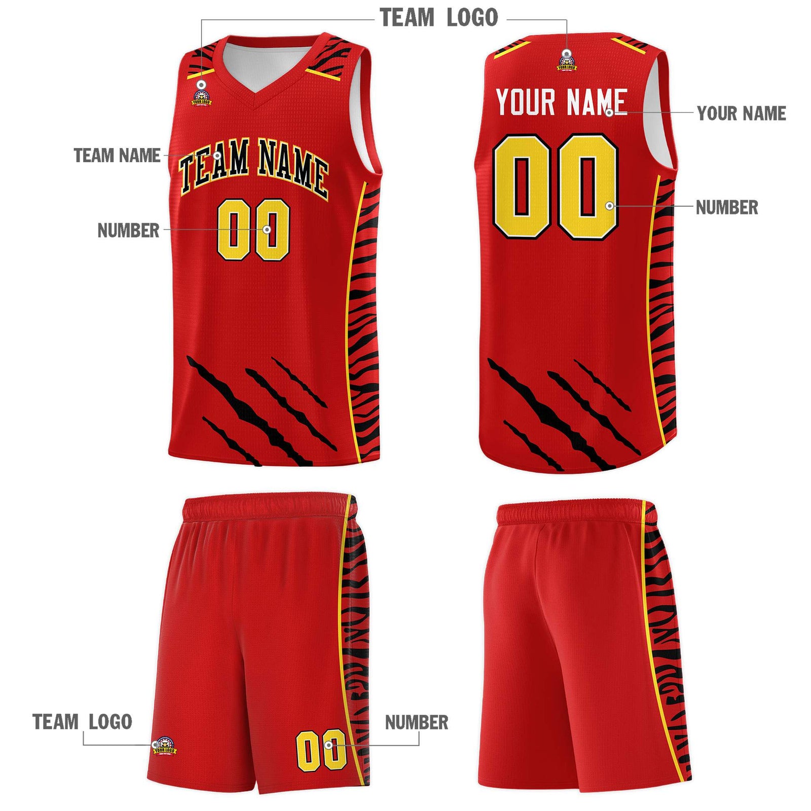 Custom Red Personalized Tiger Claw Pattern Sports Uniform Basketball Jersey