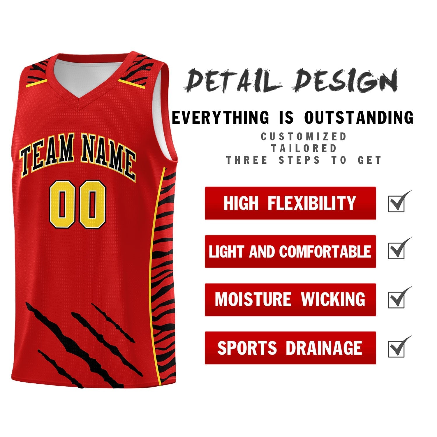Custom Red Personalized Tiger Claw Pattern Sports Uniform Basketball Jersey
