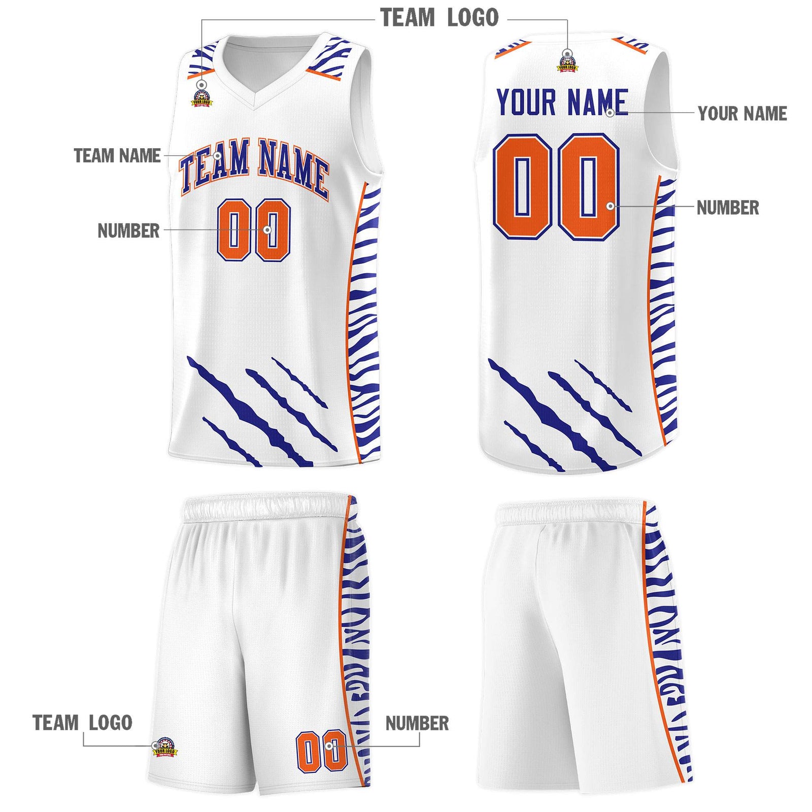 Custom White Personalized Tiger Claw Pattern Sports Uniform Basketball Jersey