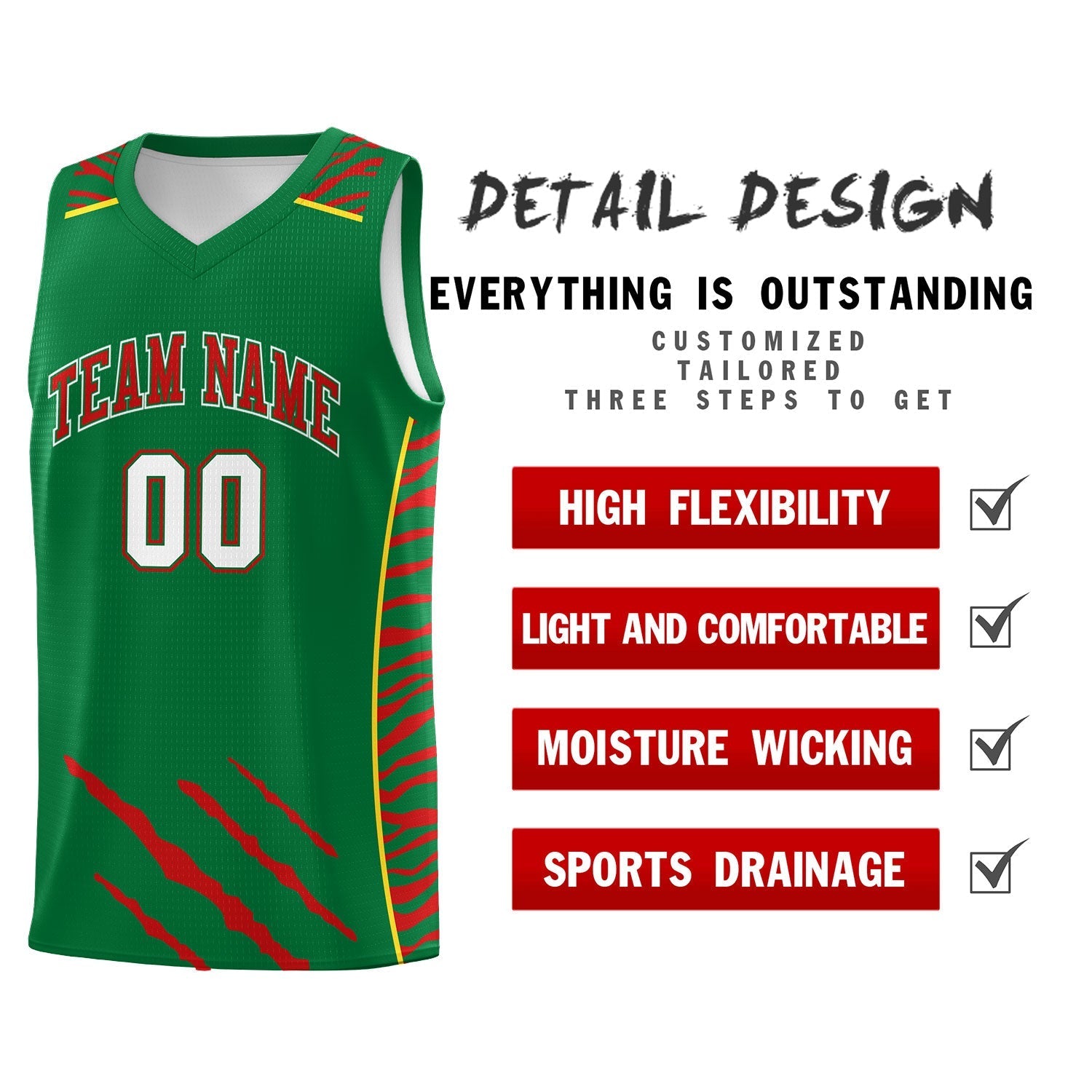 Custom Kelly Green Personalized Tiger Claw Pattern Sports Uniform Basketball Jersey