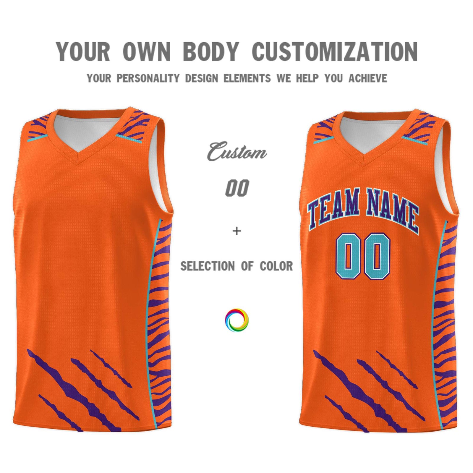 Custom Orange Personalized Tiger Claw Pattern Sports Uniform Basketball Jersey