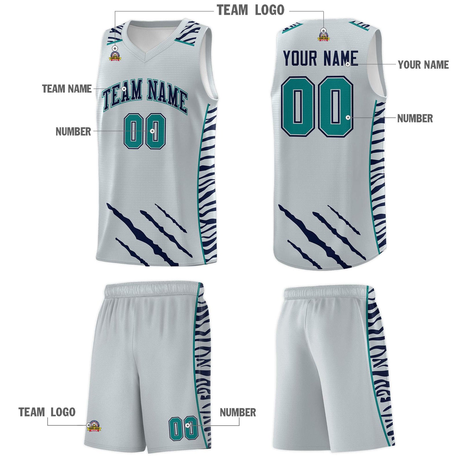 Custom Silver Personalized Tiger Claw Pattern Sports Uniform Basketball Jersey