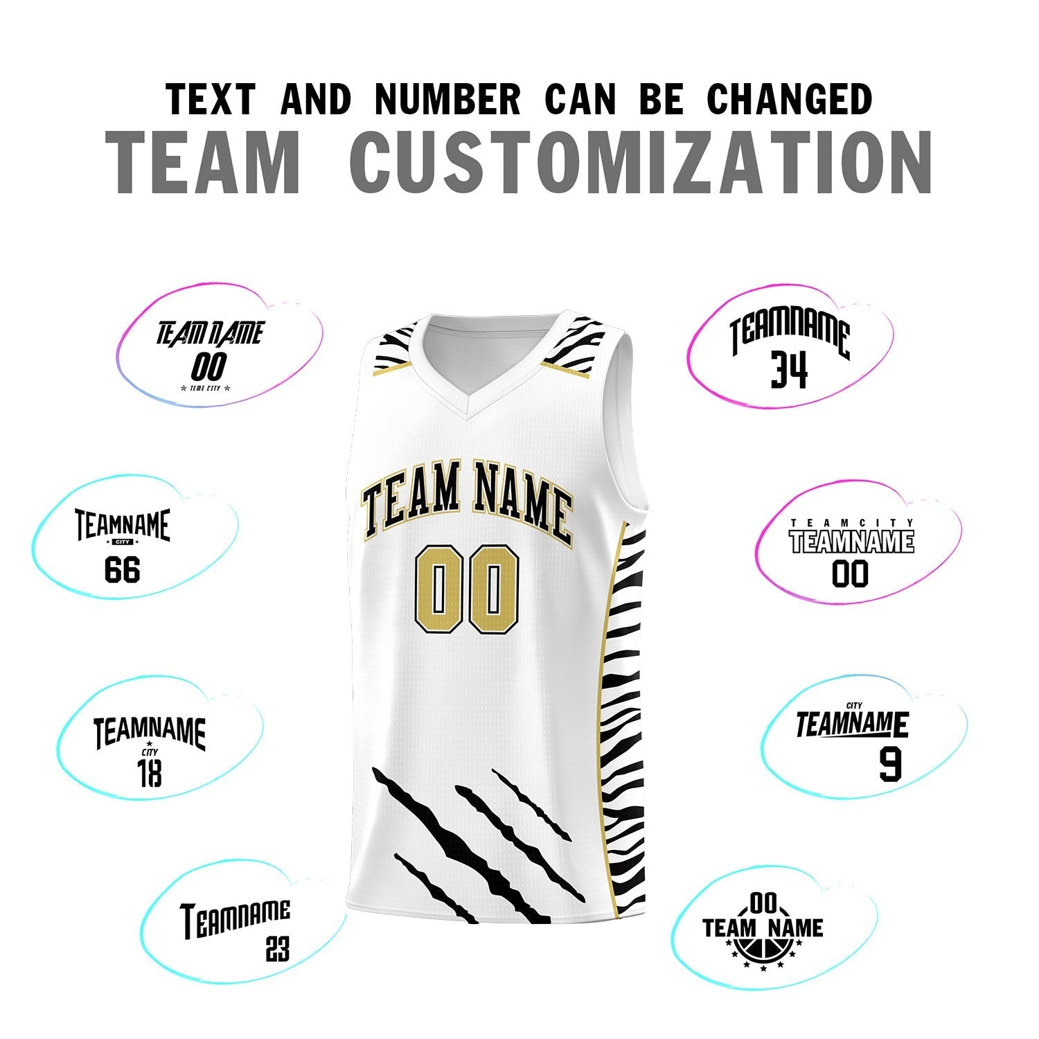 Custom White Personalized Tiger Claw Pattern Sports Uniform Basketball Jersey