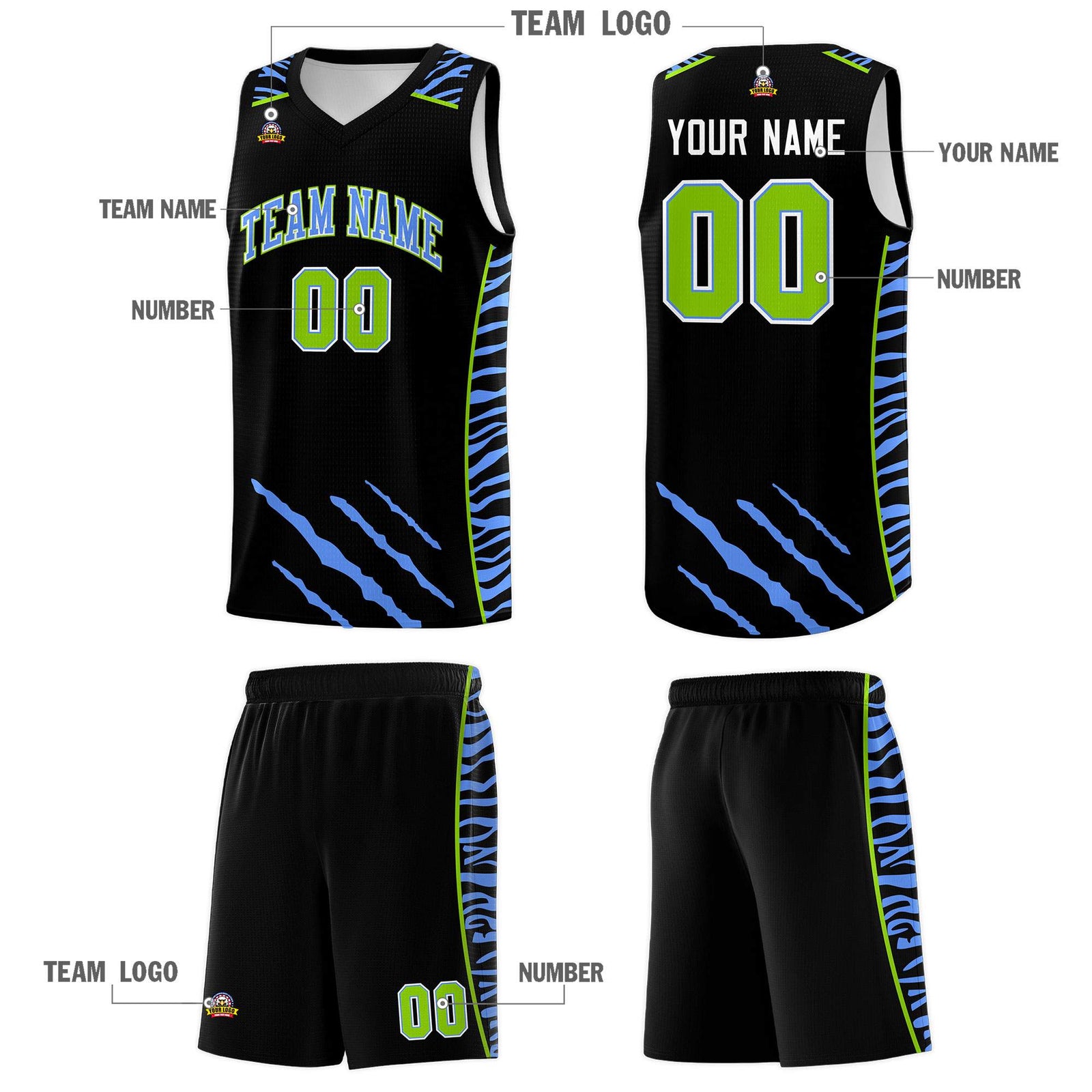 Custom Black Personalized Tiger Claw Pattern Sports Uniform Basketball Jersey