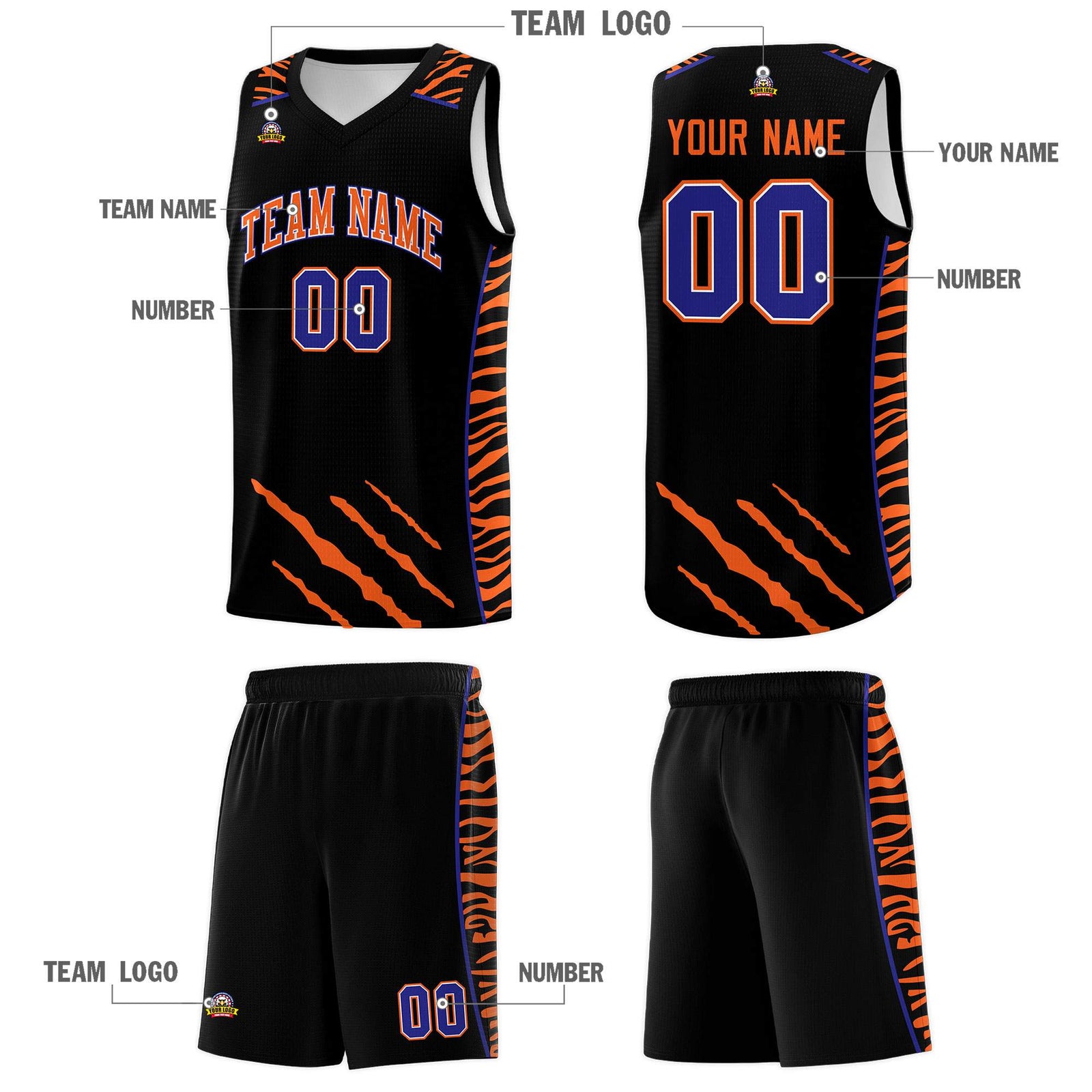 Custom Black Personalized Tiger Claw Pattern Sports Uniform Basketball Jersey