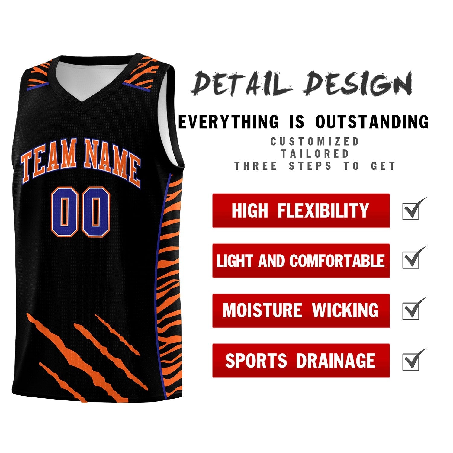 Custom Black Personalized Tiger Claw Pattern Sports Uniform Basketball Jersey