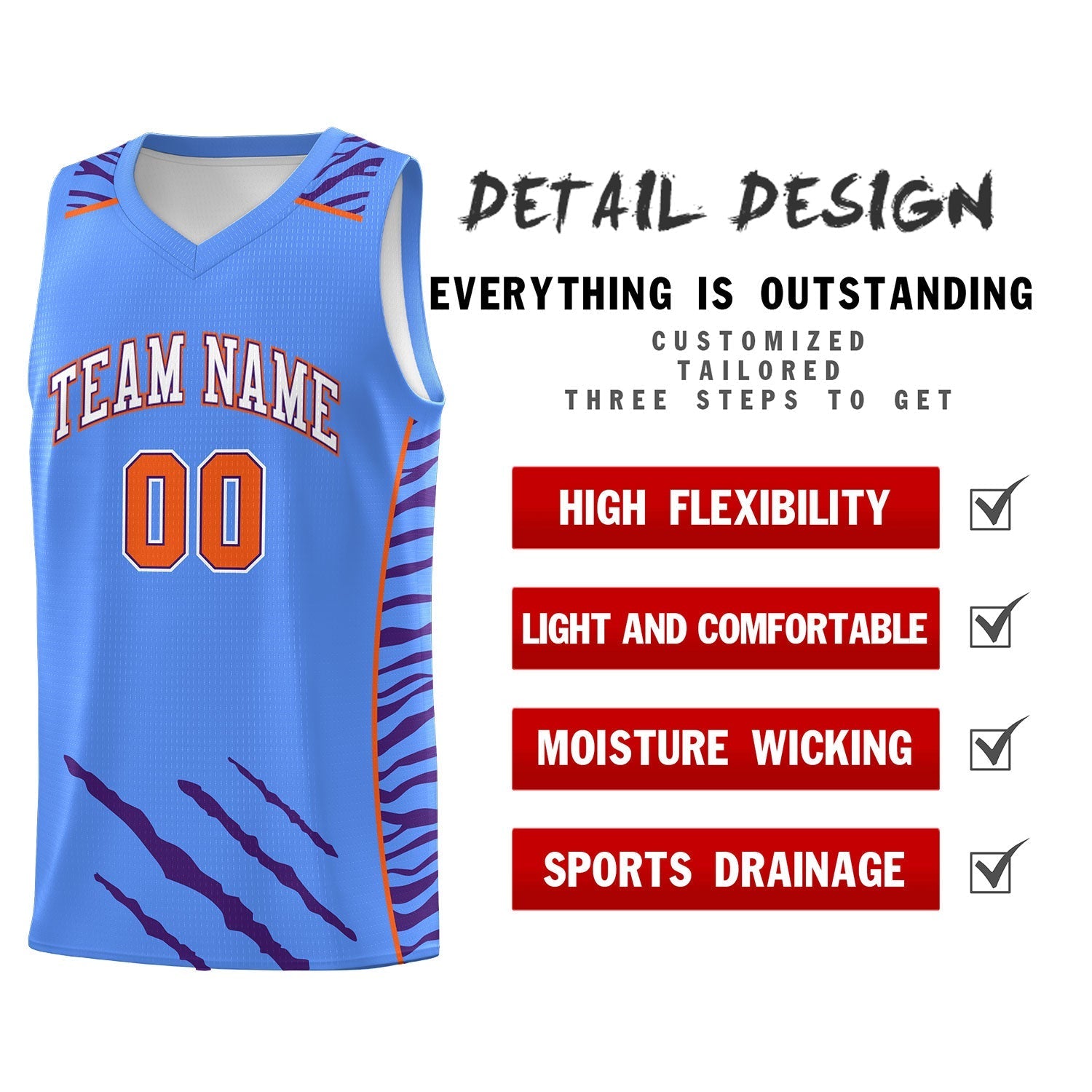Custom Powder Blue Personalized Tiger Claw Pattern Sports Uniform Basketball Jersey